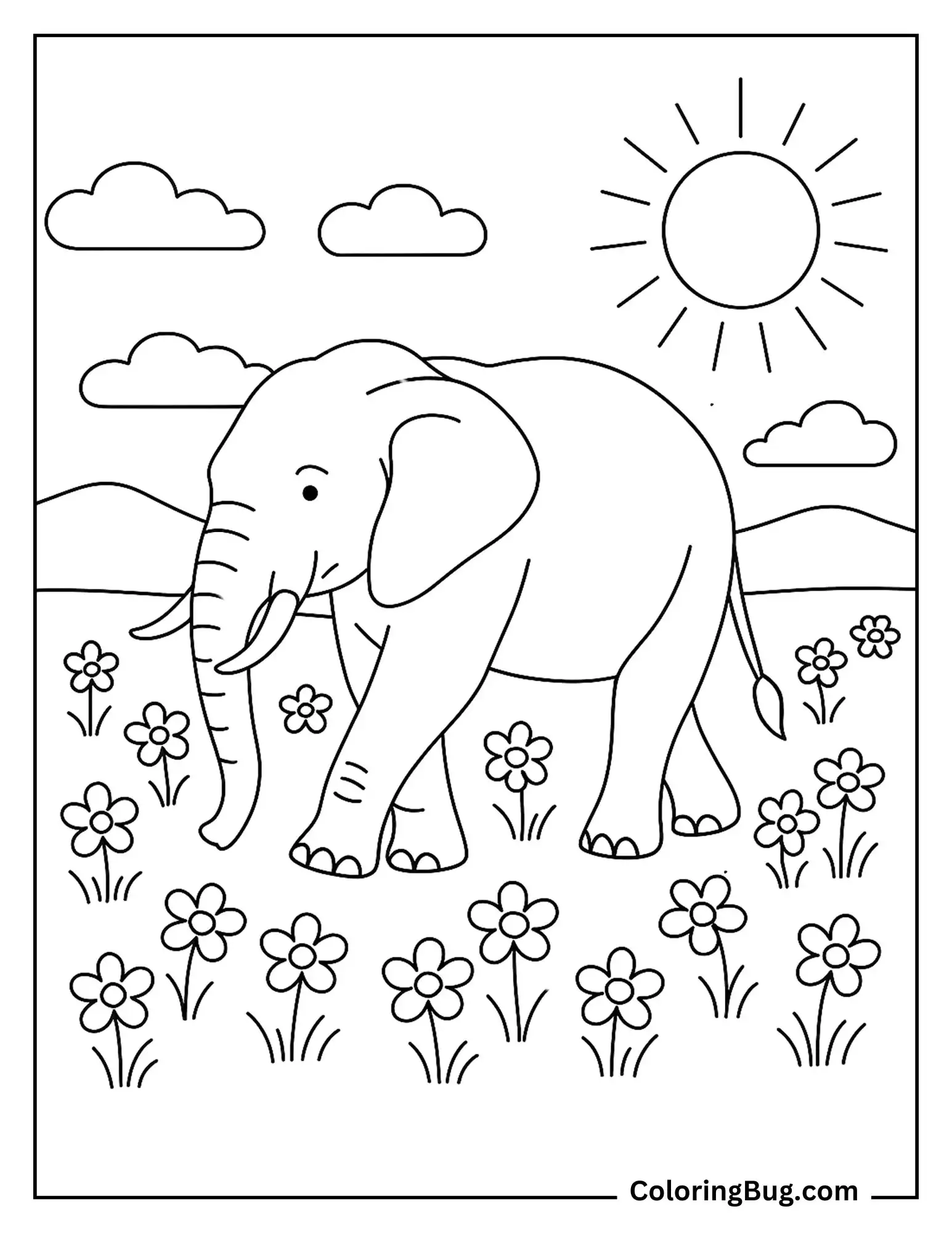 Elephant Walking Through Flowers Meadow Coloring Sheet