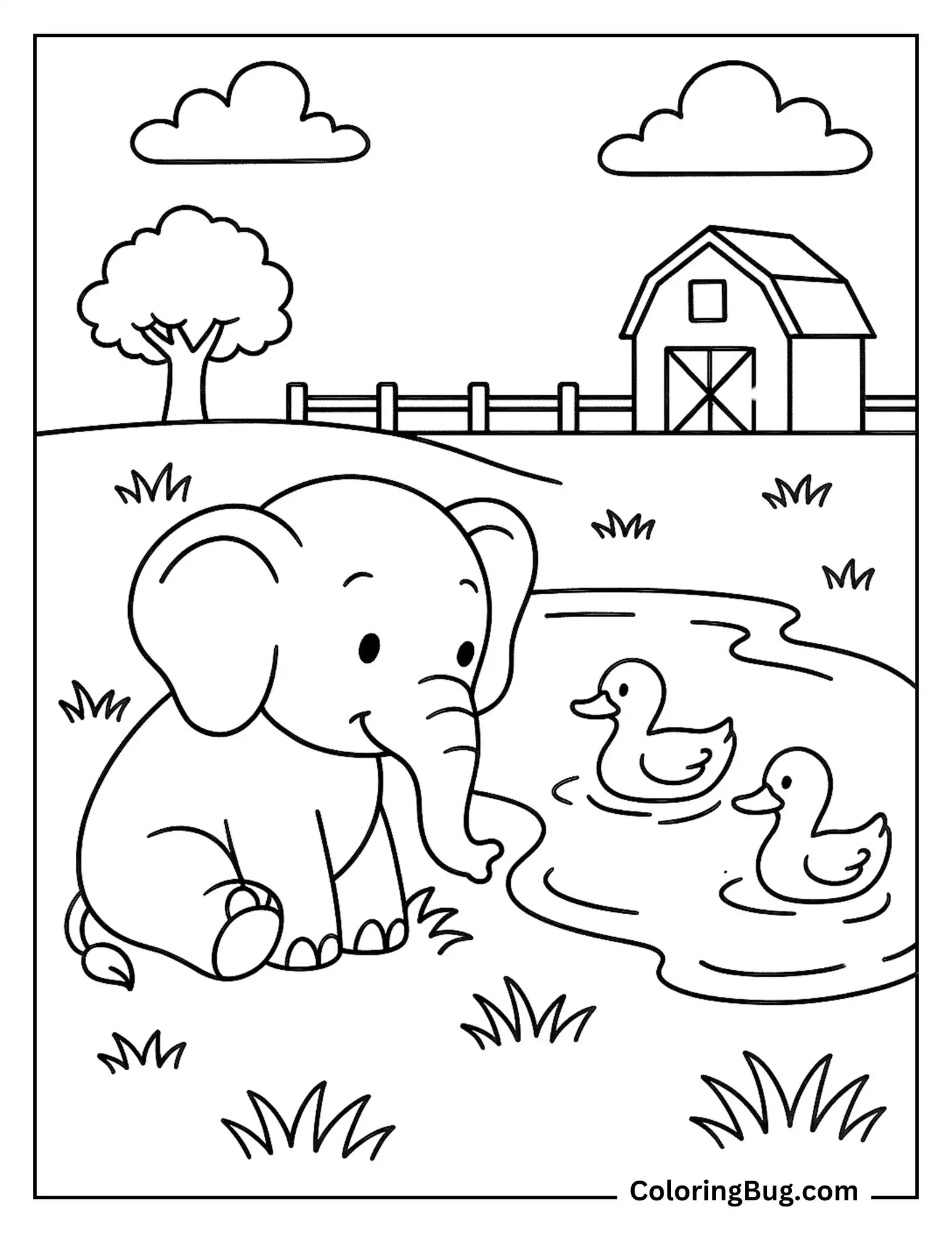Elephant Watching Ducks at the Farm Pond Coloring Sheet