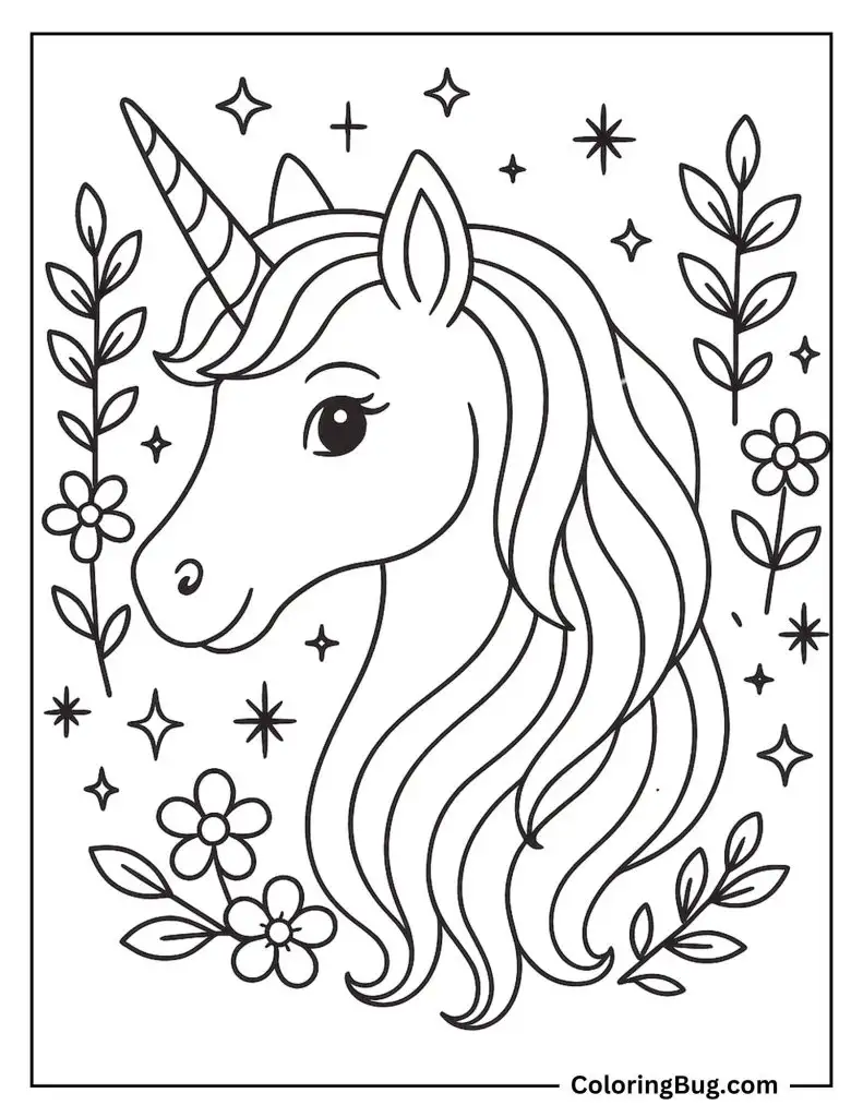 Enchanted Unicorn Face Coloring Sheet