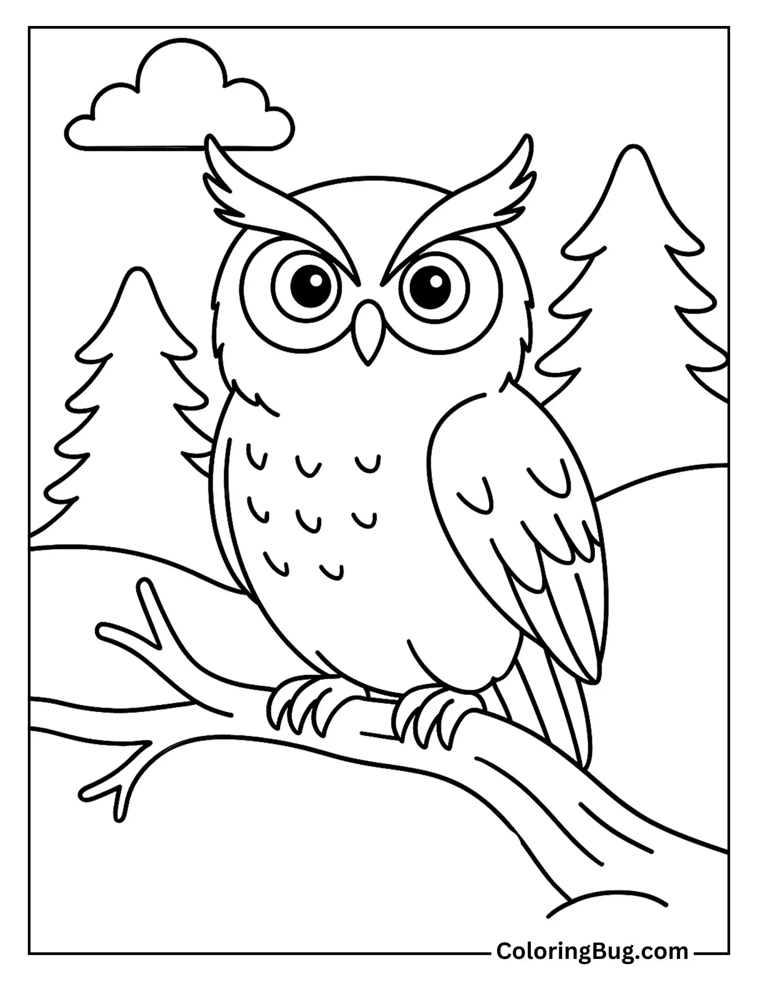 Eurasian-Eagle Owl Sitting on Tree Branch Coloring Sheet