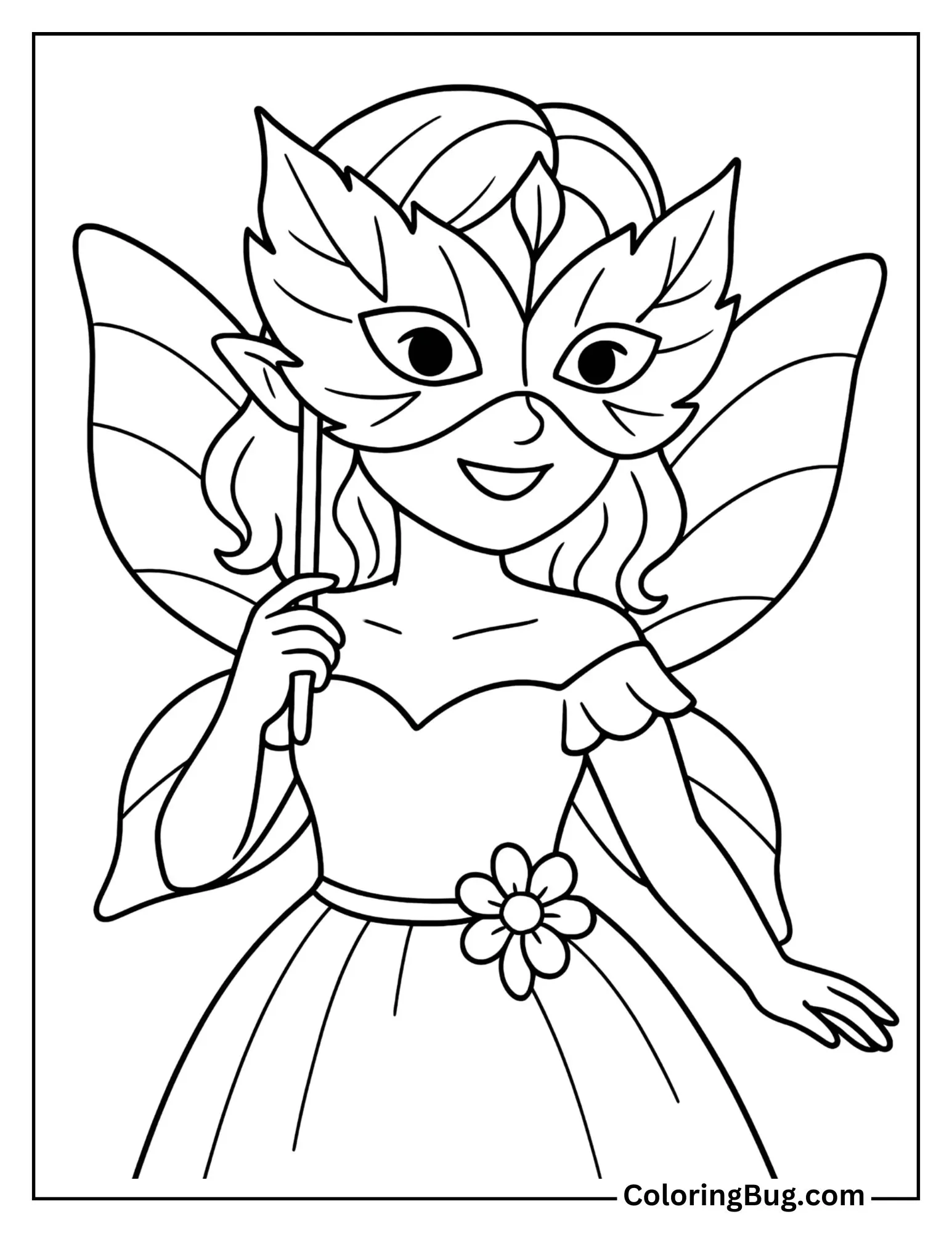 Fairy Attending a Masquerade with a Leaf Mask Coloring Sheet