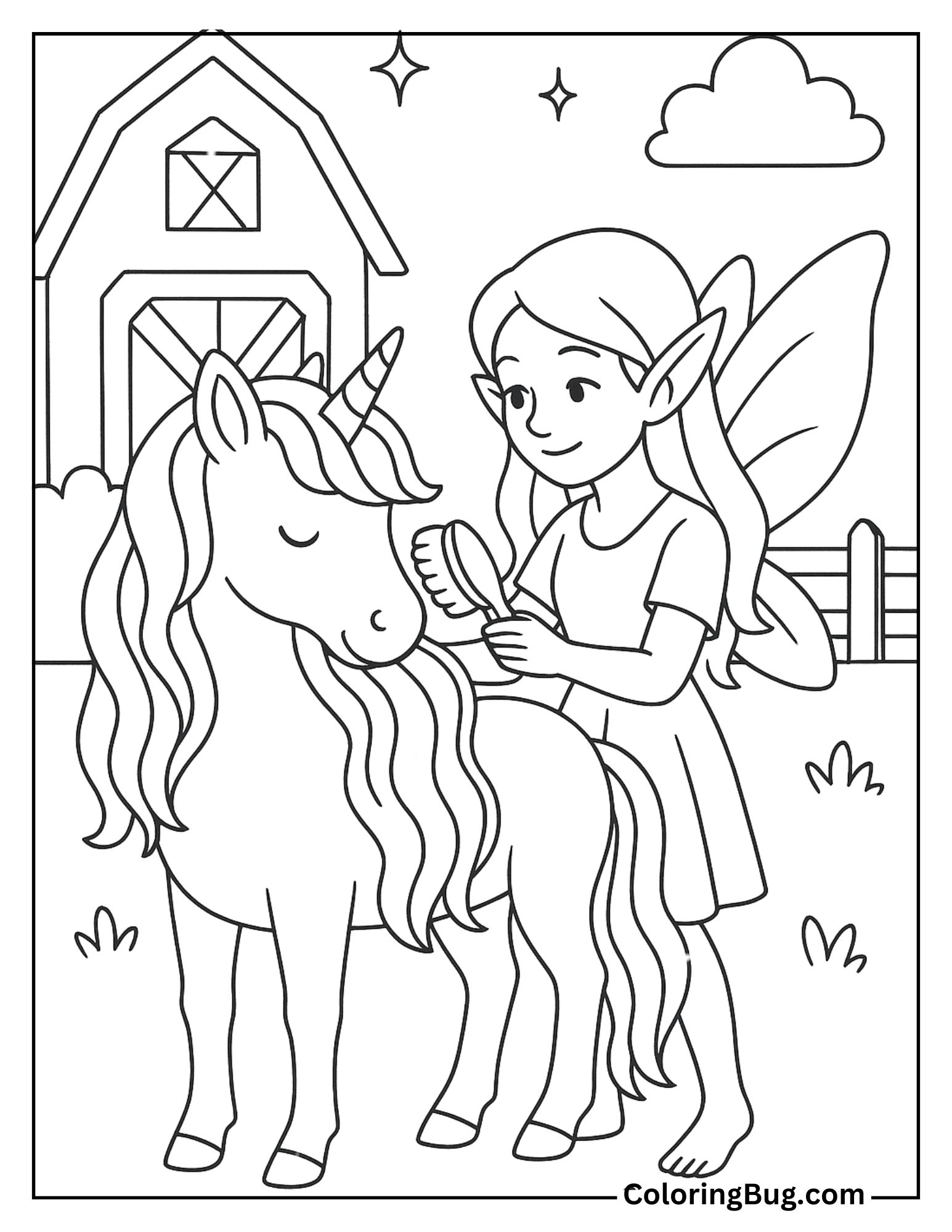 Fairy Brushing a Unicorn's Mane Coloring Sheet