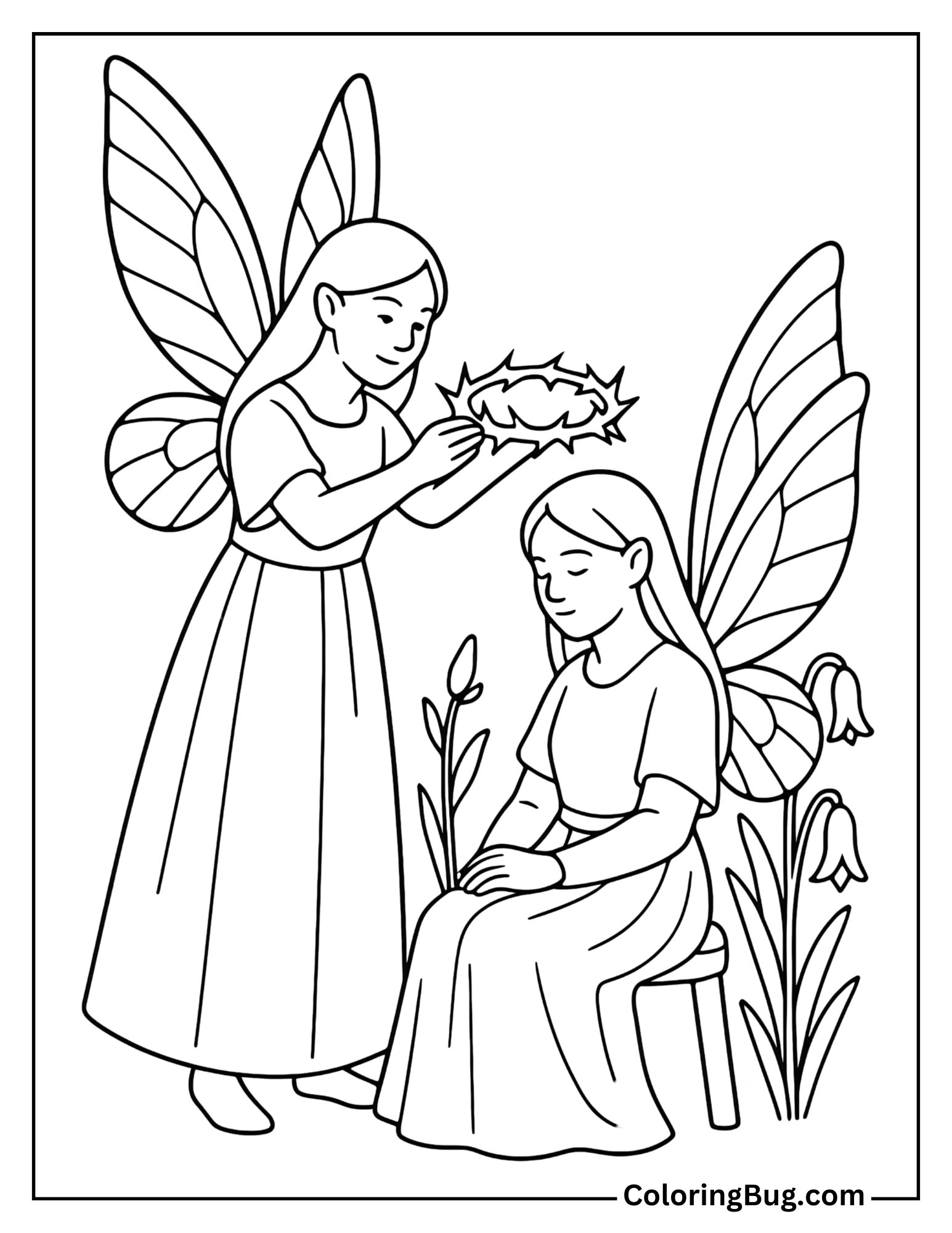 Fairy Coronation with a Crown of Thorns Coloring Sheet