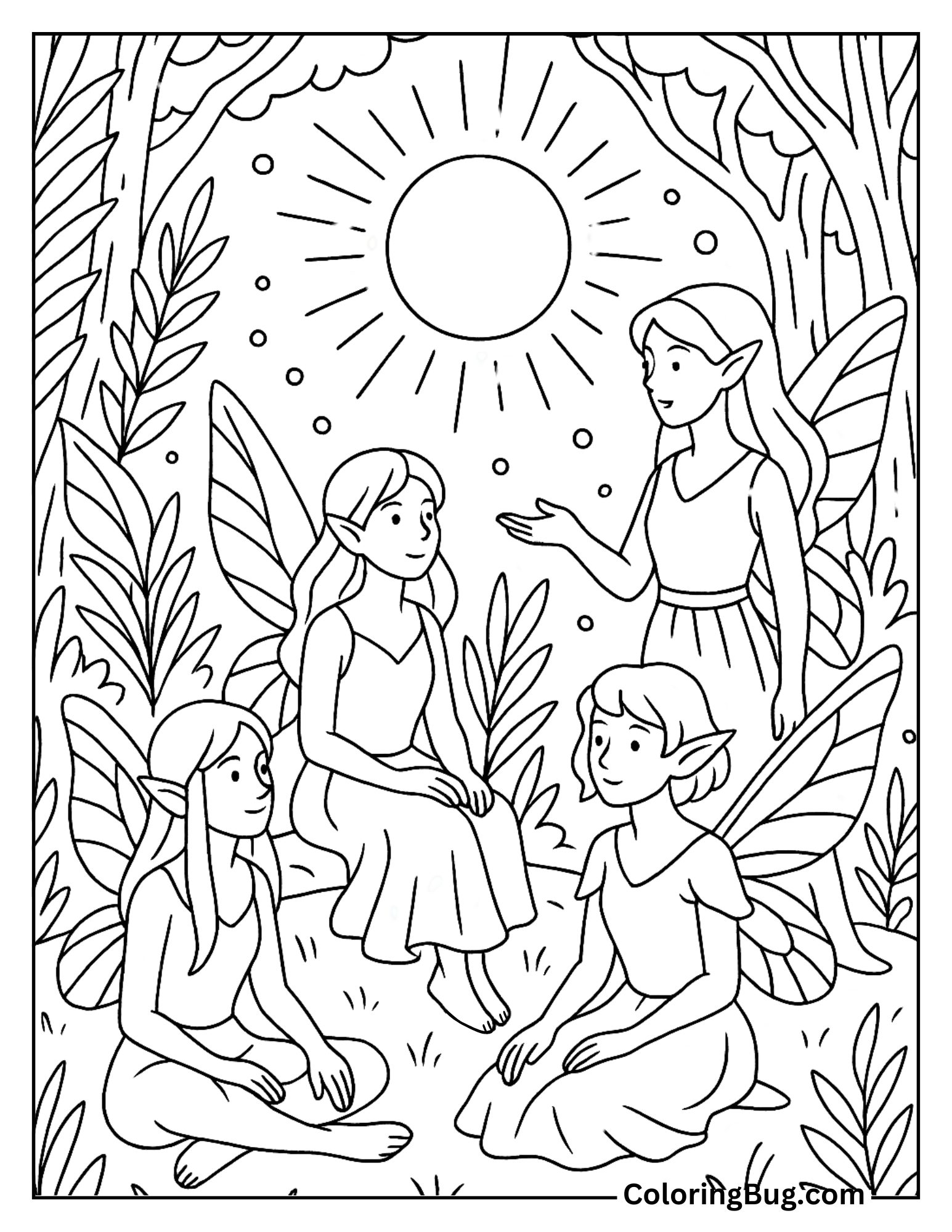 Fairy Council Gathered in a Glowing Glade Coloring Sheet