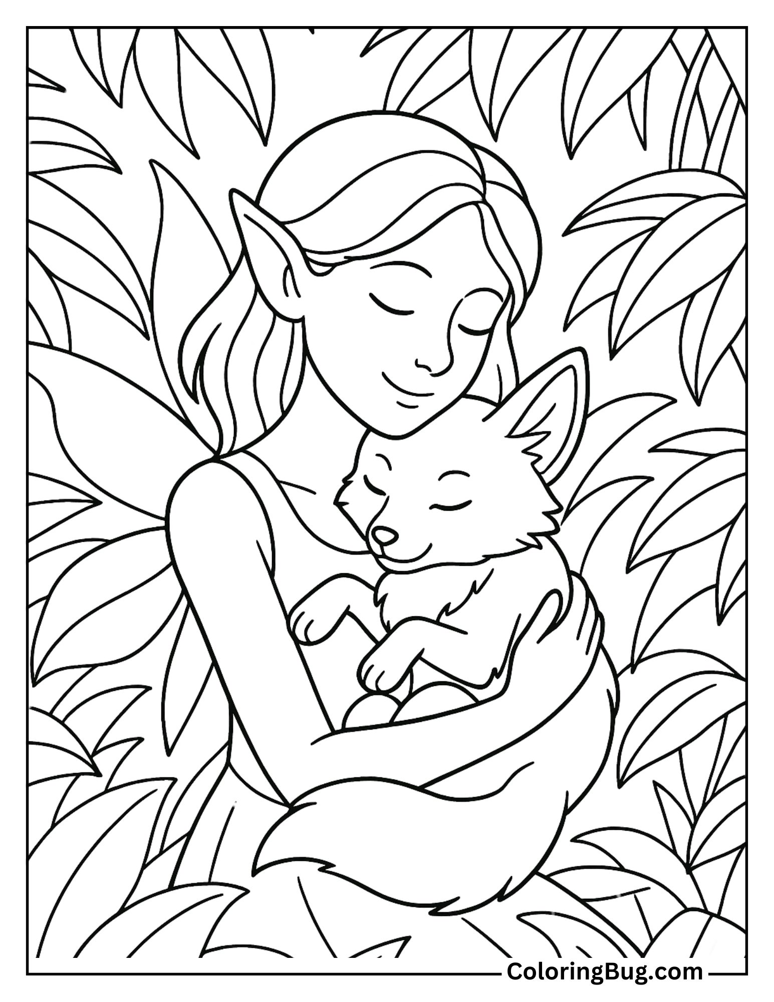 Fairy Cuddling with a Baby Fox Coloring Sheet