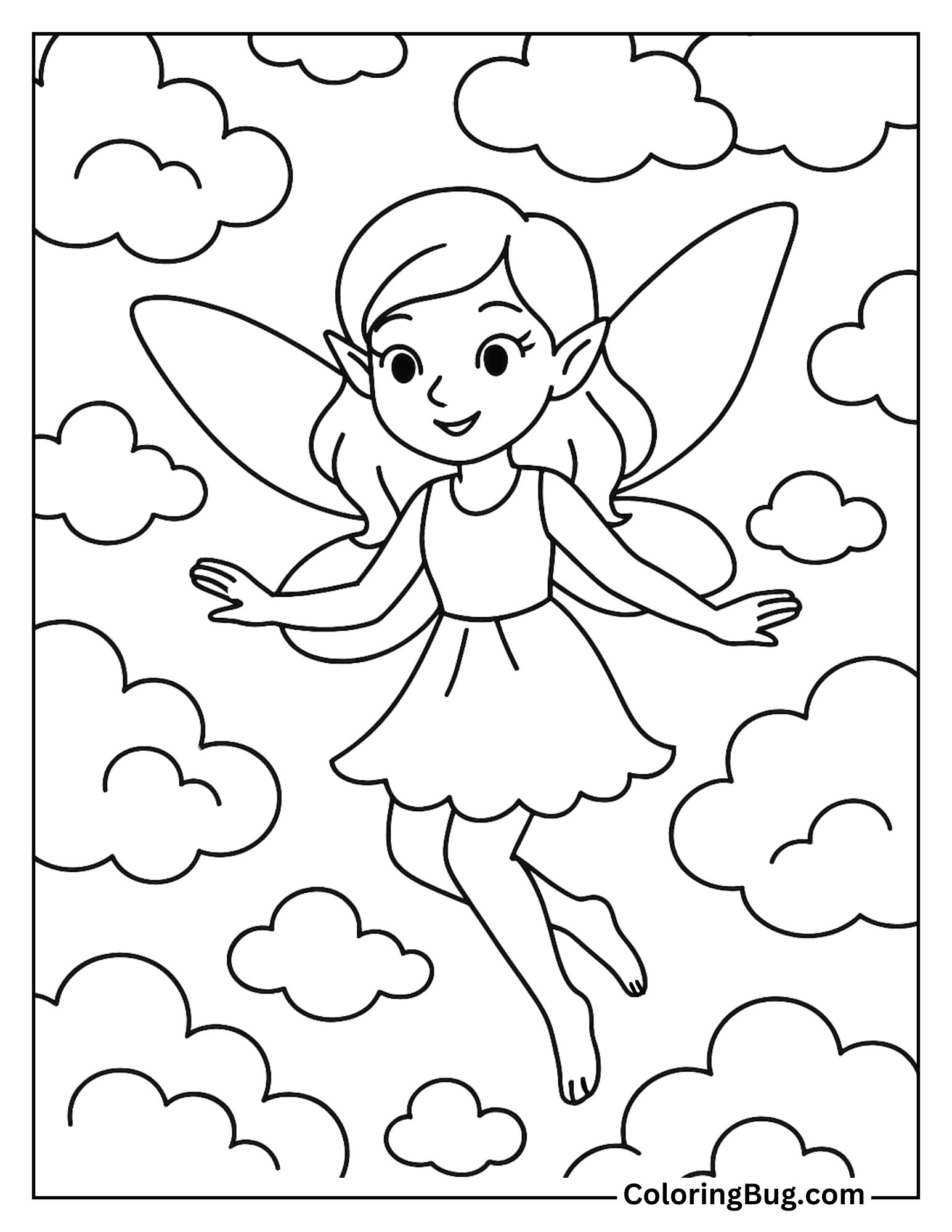 Fairy Floating Through Dream Clouds Coloring Sheet