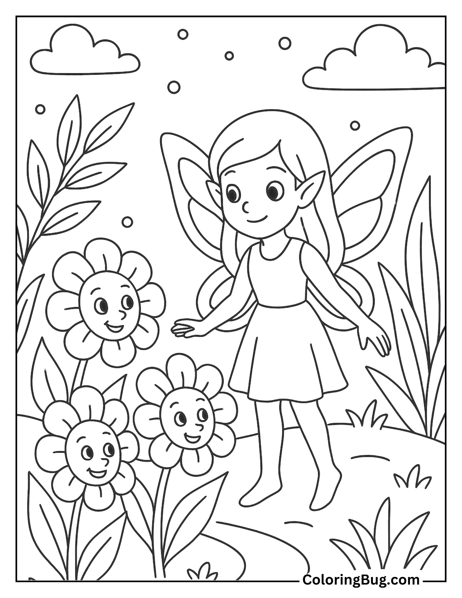 Fairy Garden with Talking Flowers Coloring Sheet