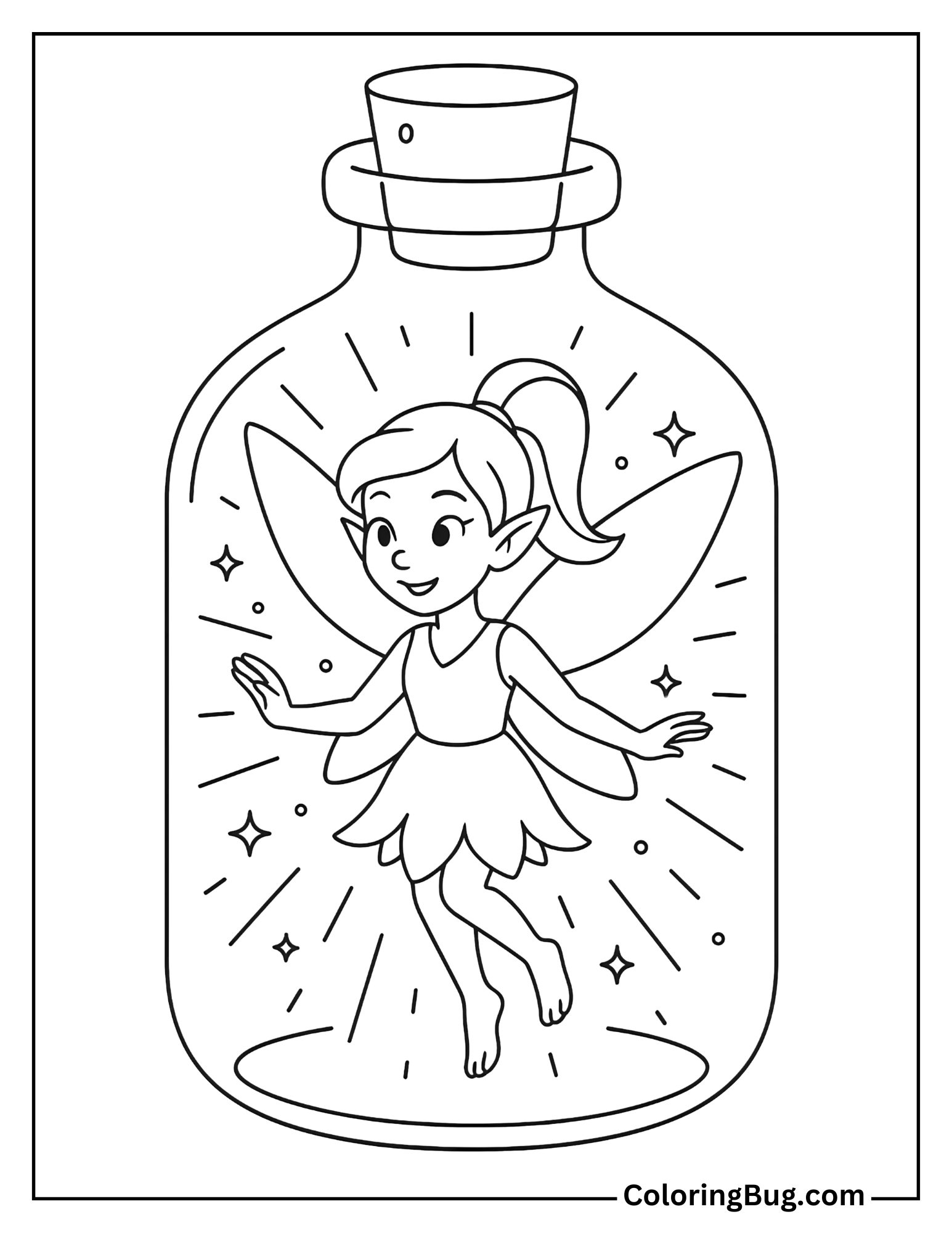 Fairy Inside a Glowing Glass Bottle Coloring Sheet