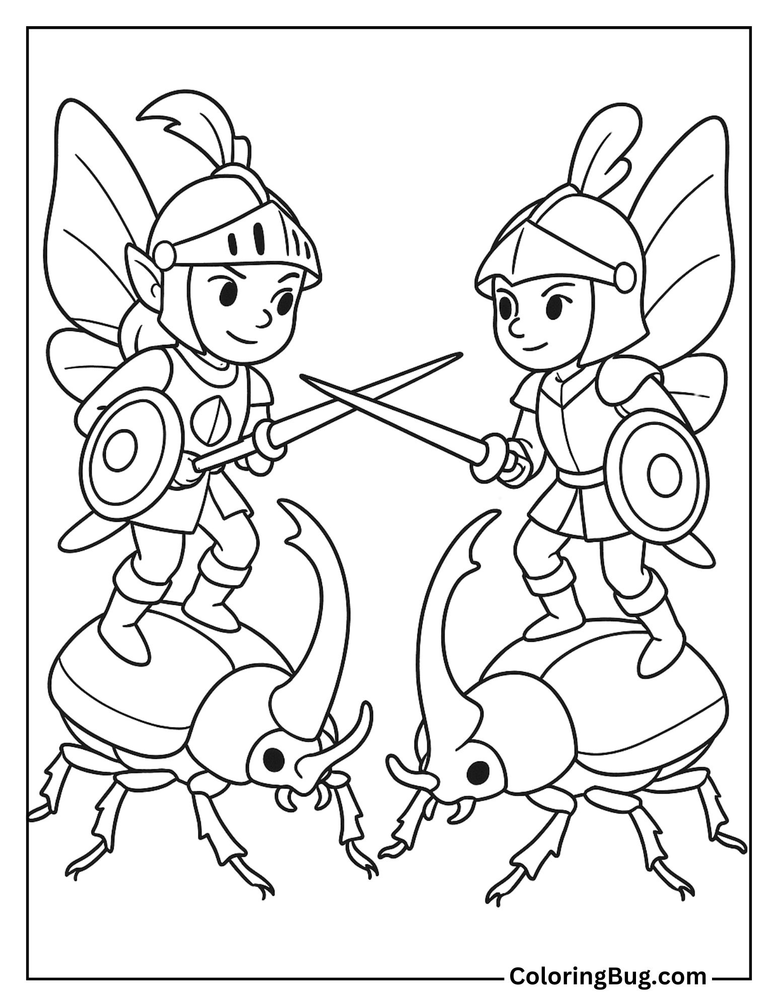 Fairy Knights Jousting on Beetles Coloring Sheet