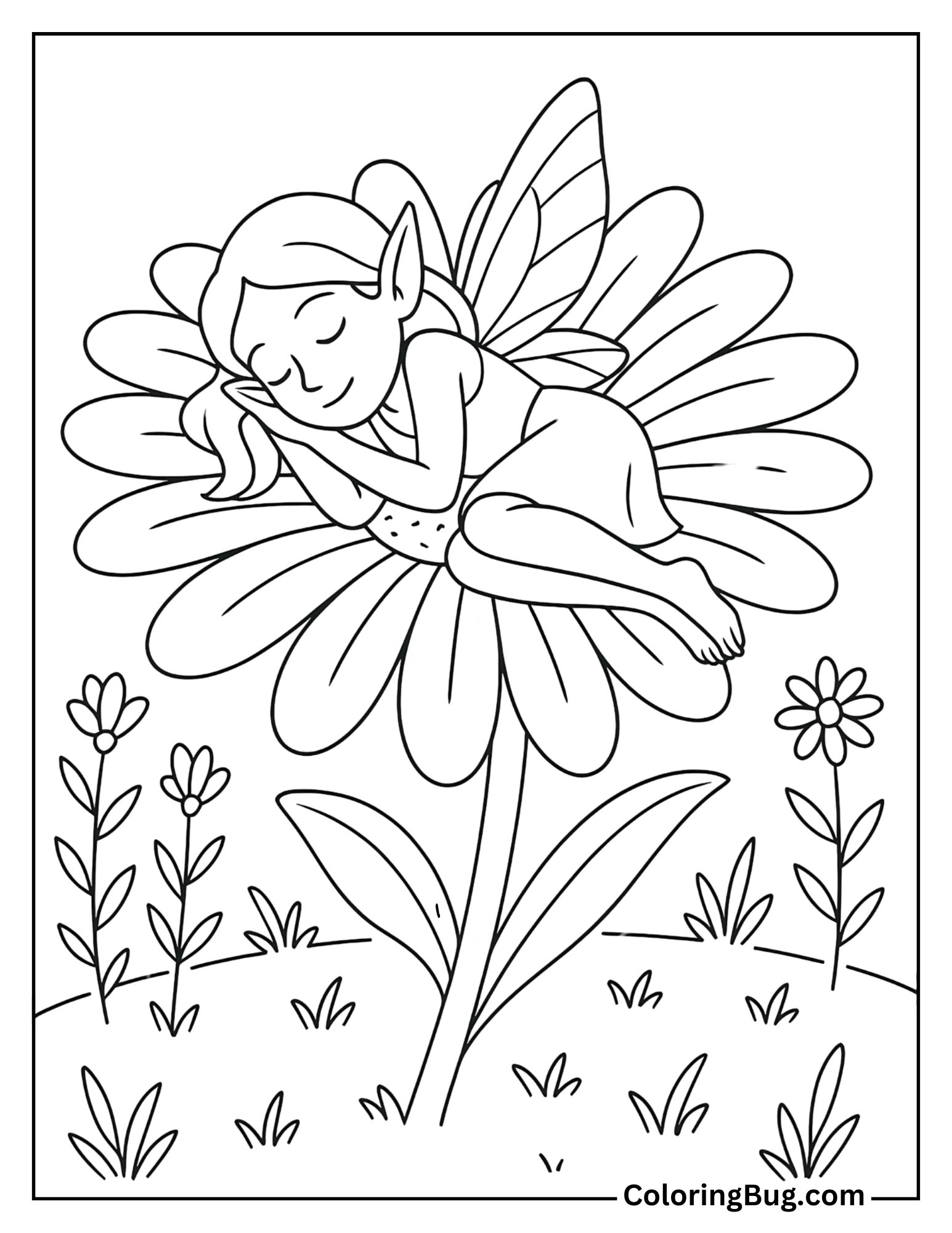 Fairy Napping Inside a Daisy Coloring Sheet