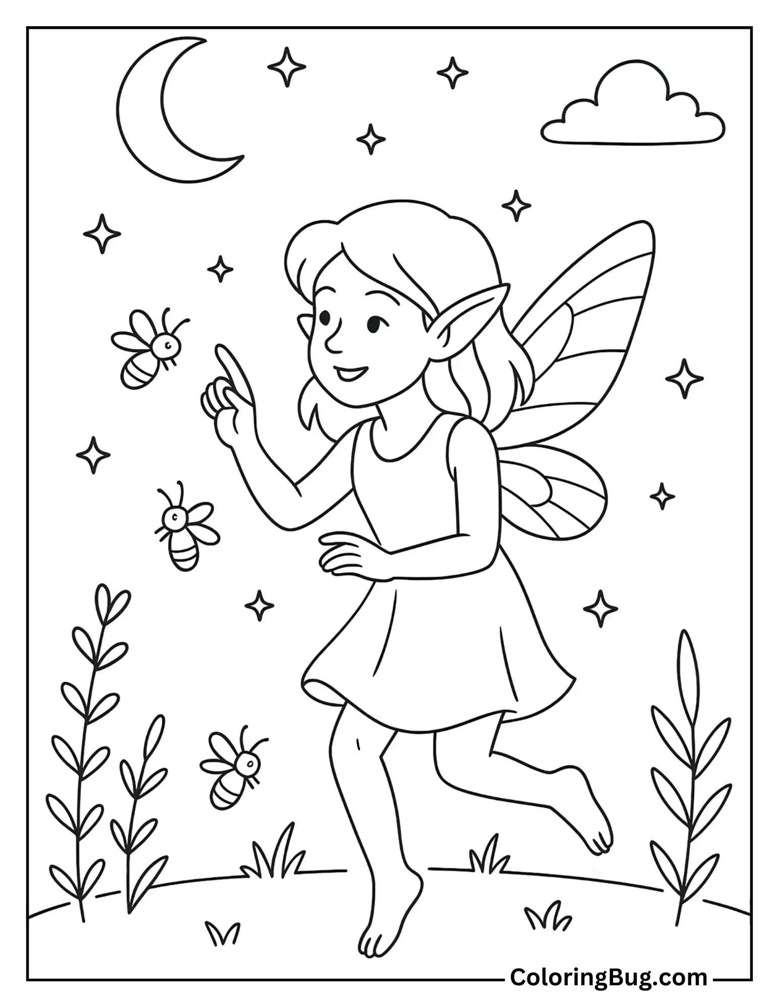 Fairy Playing with Fireflies at Twilight Coloring Sheet