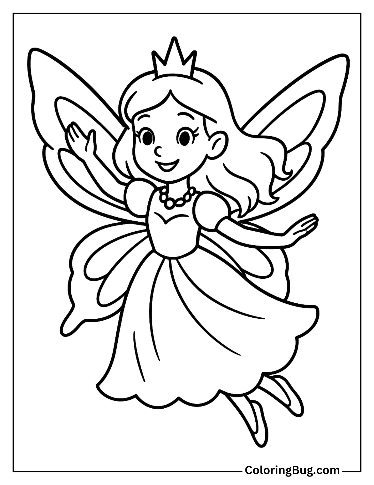 Fairy Princess Flying with Golden Wings Coloring Sheet