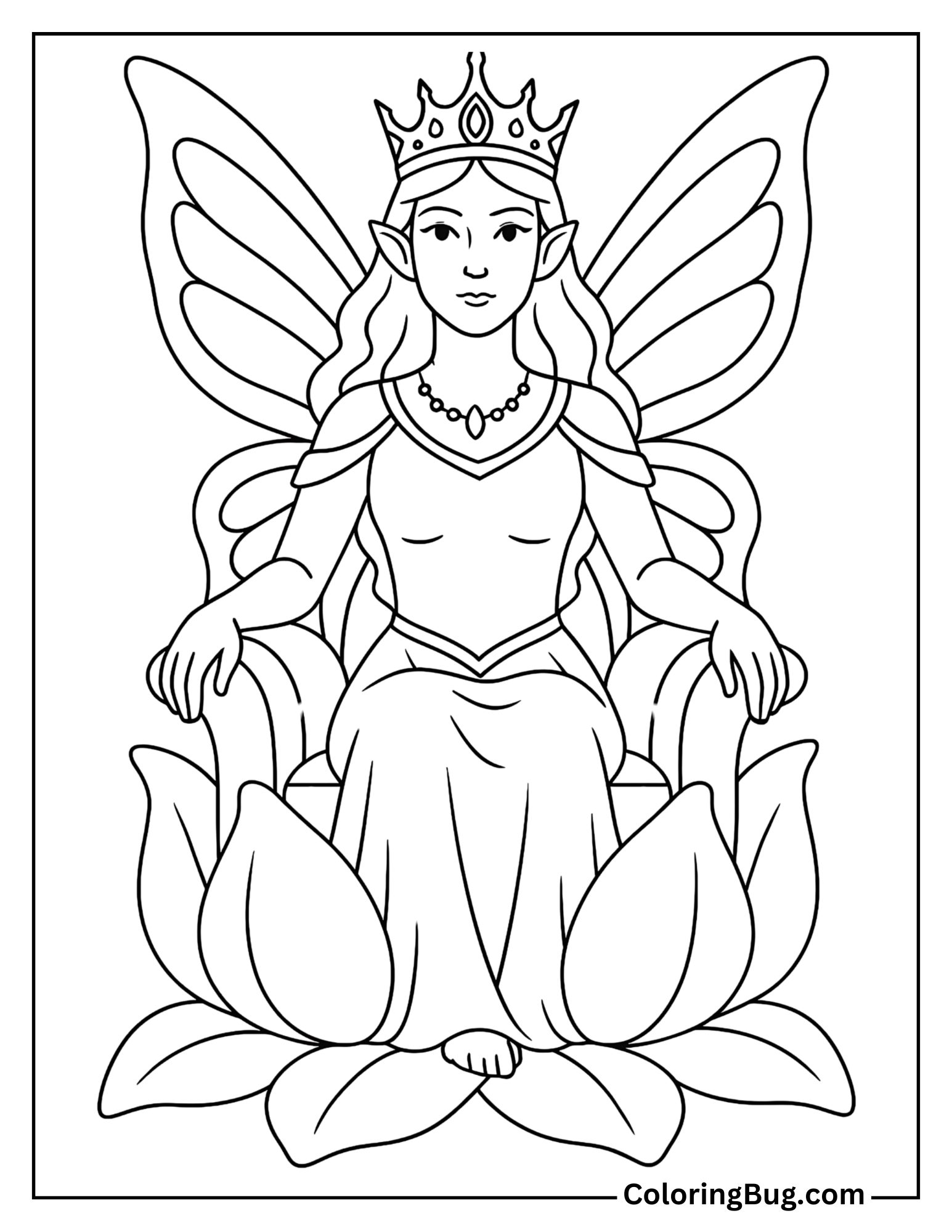 Fairy Queen on a Throne of Petals Coloring Sheet