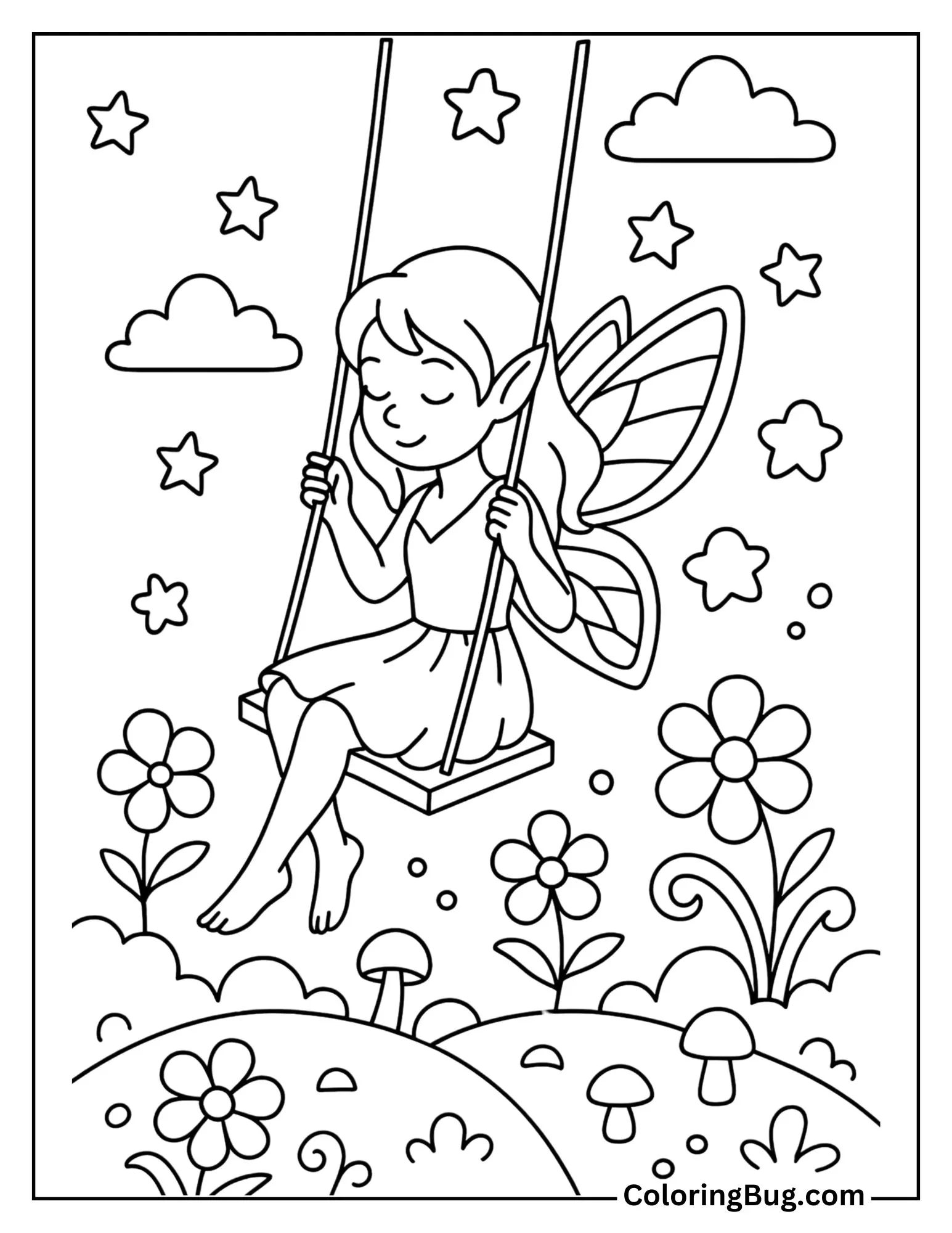 Fairy Riding a Swing in a Dreamy Wonderland Coloring Sheet