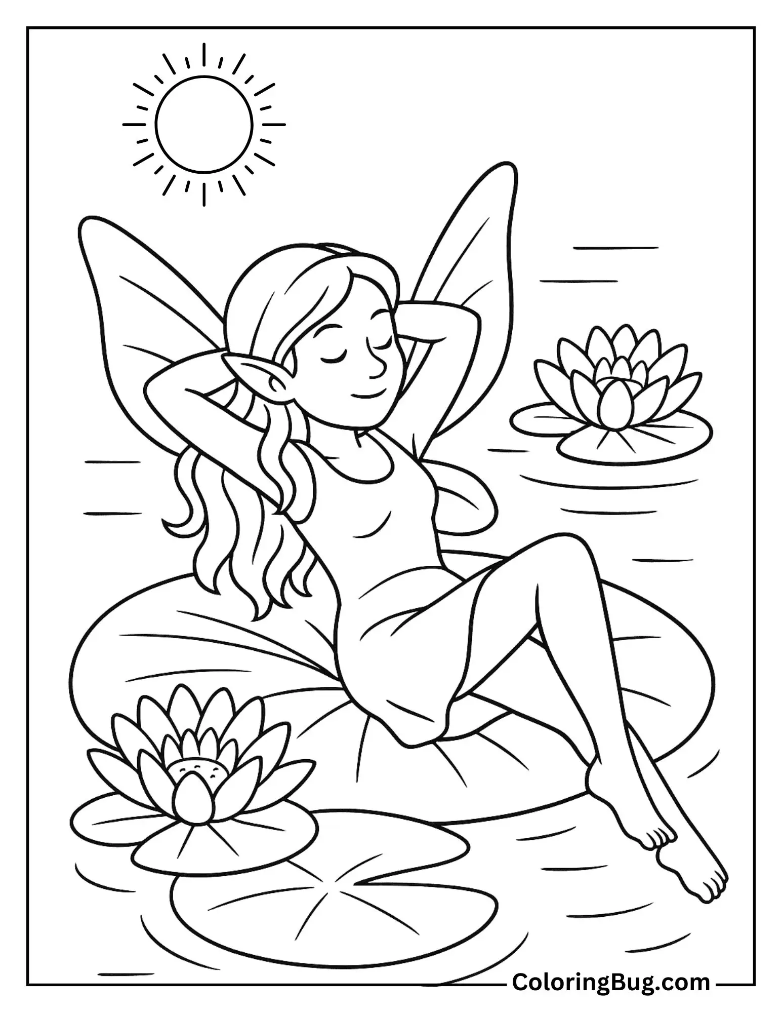 Fairy Sunbathing on a Lily Pad Coloring Sheet