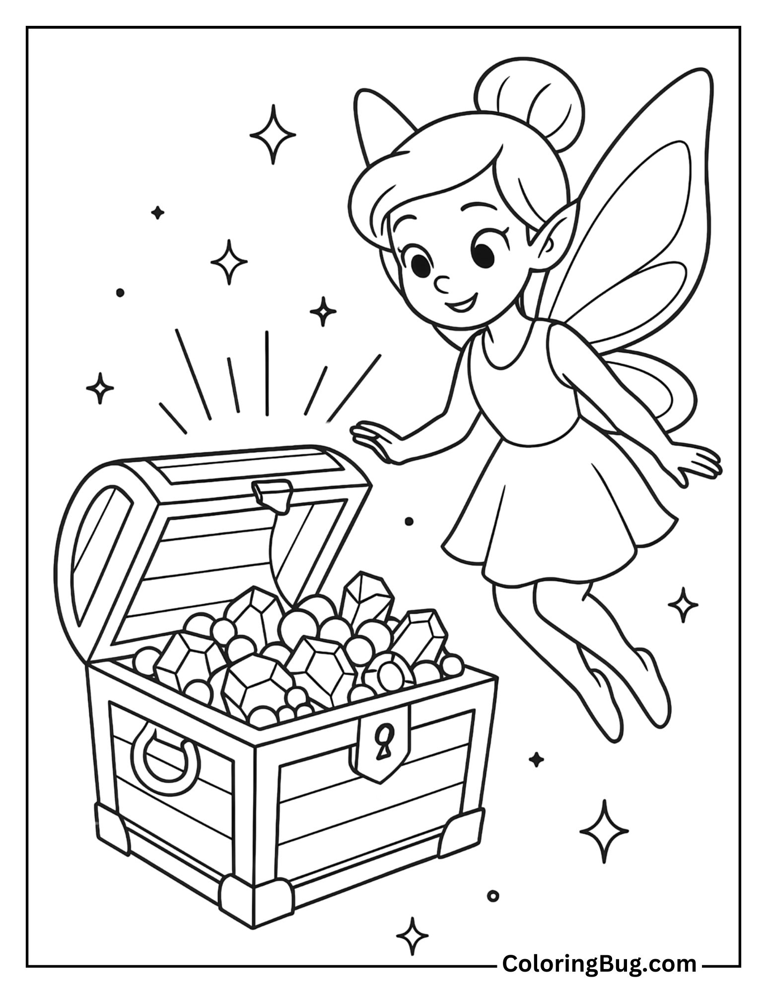 Fairy Treasure Chest Filled with Gems and Light Coloring Sheet
