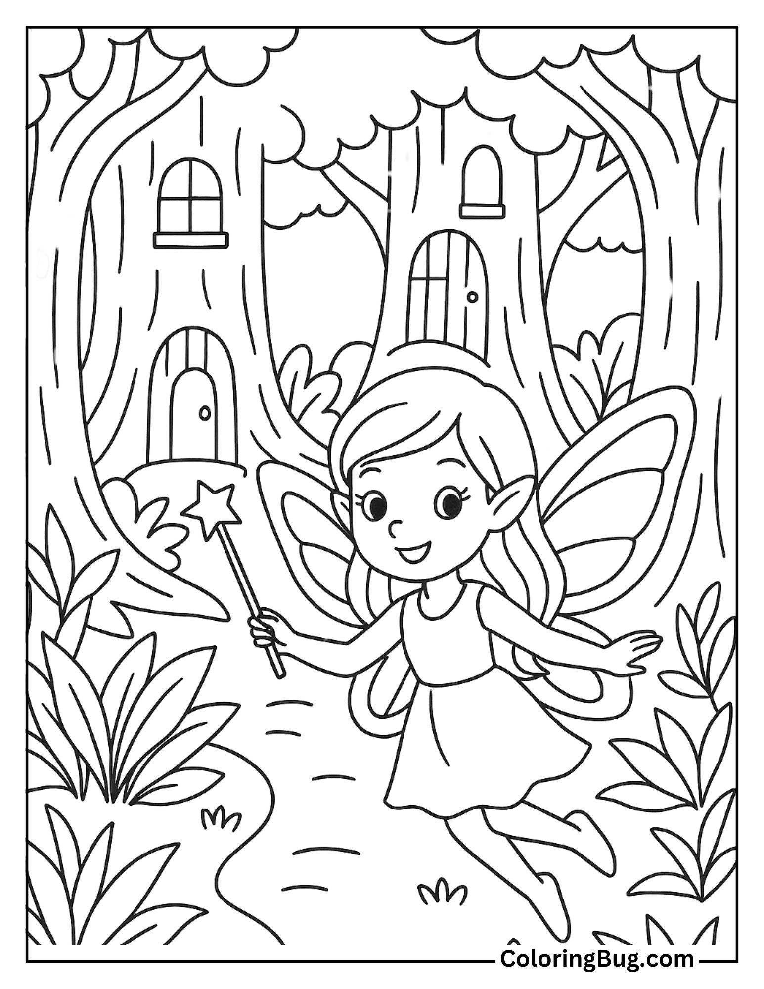 Fairy Village in Hollow Tree Trunks Coloring Sheet