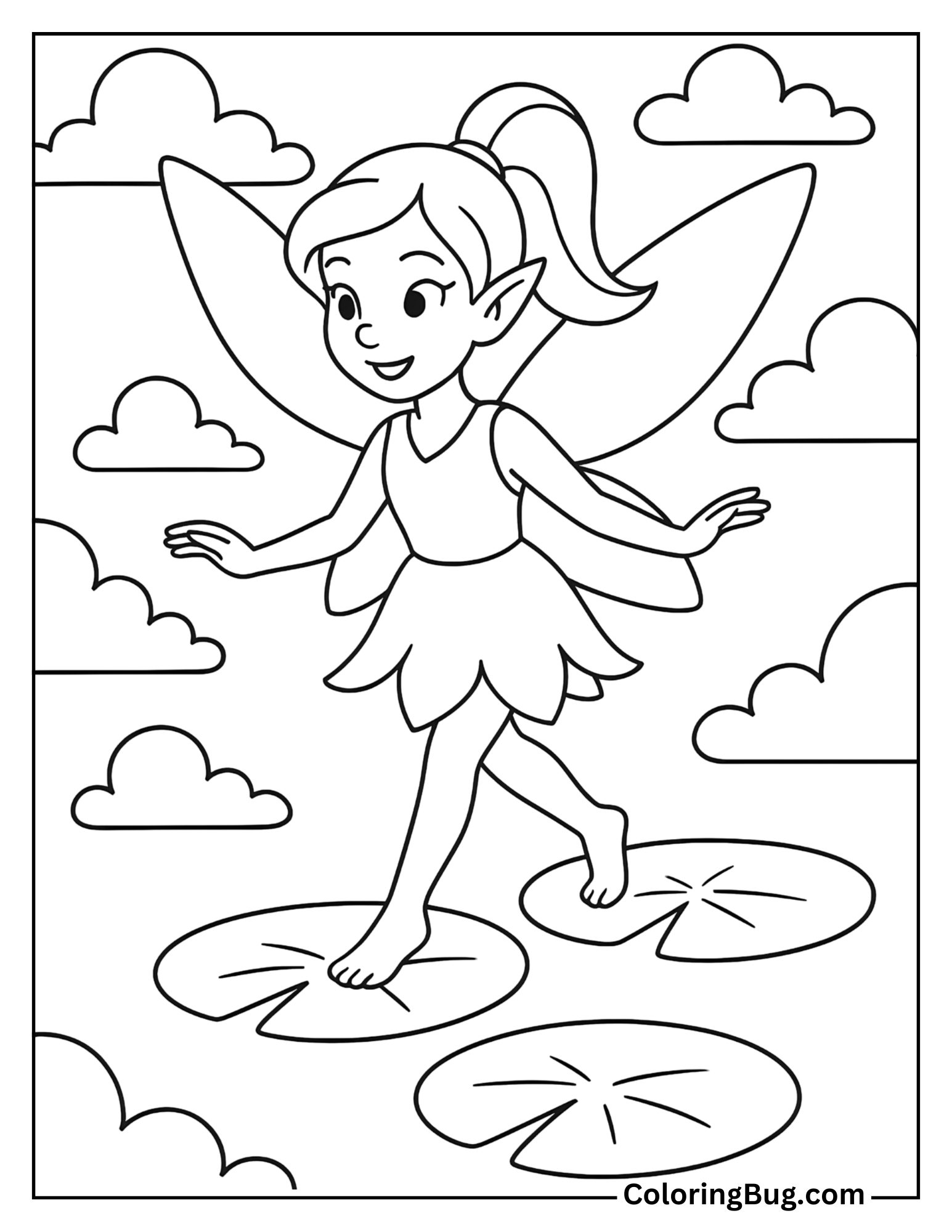 Fairy Walking on Floating Lily Pads in the Sky Coloring Sheet