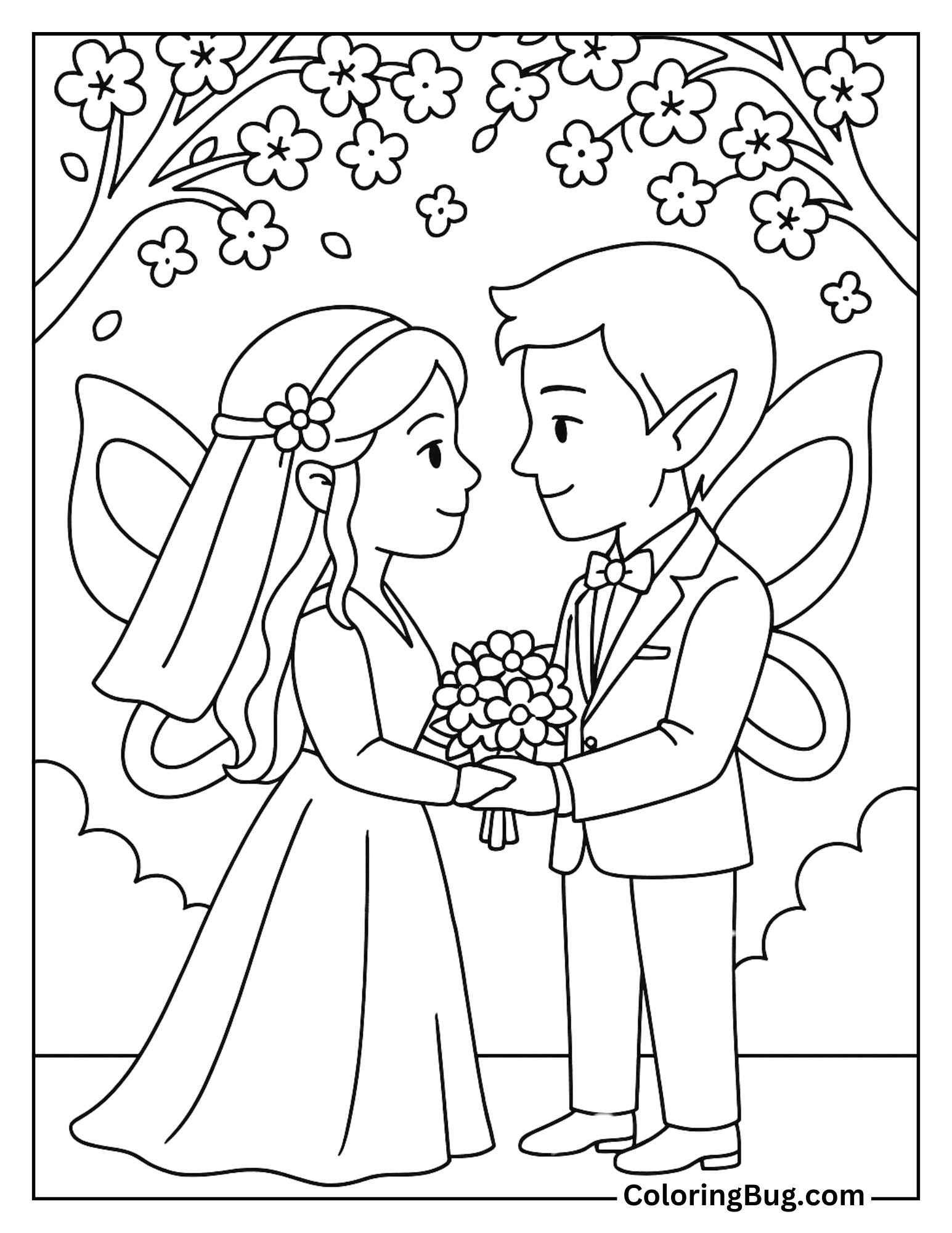 Fairy Wedding Under Cherry Blossoms Coloring Sheet