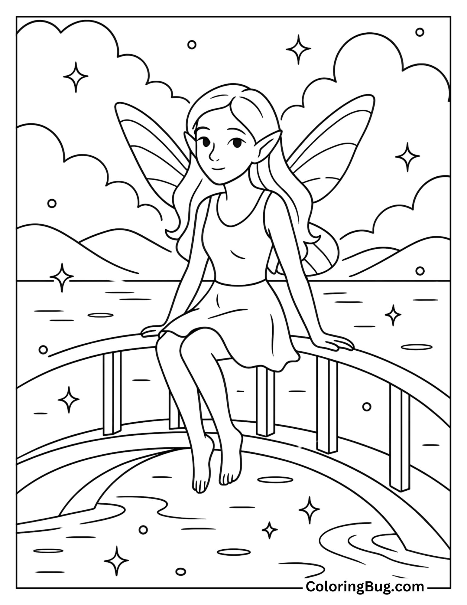 Fairy on Bridge Over Sparkling Water Coloring Sheet