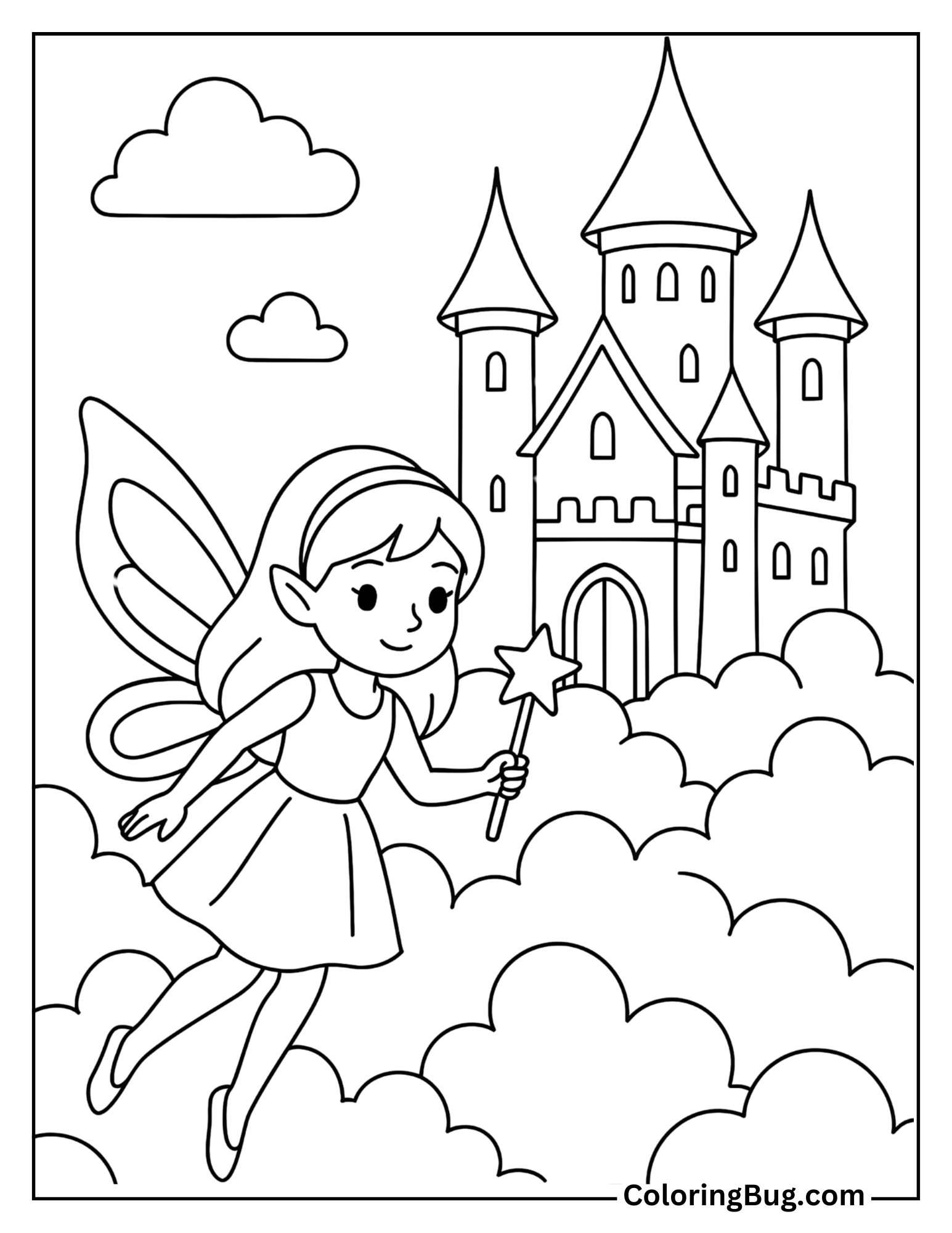 Fairy with Castle in Clouds Coloring Sheet
