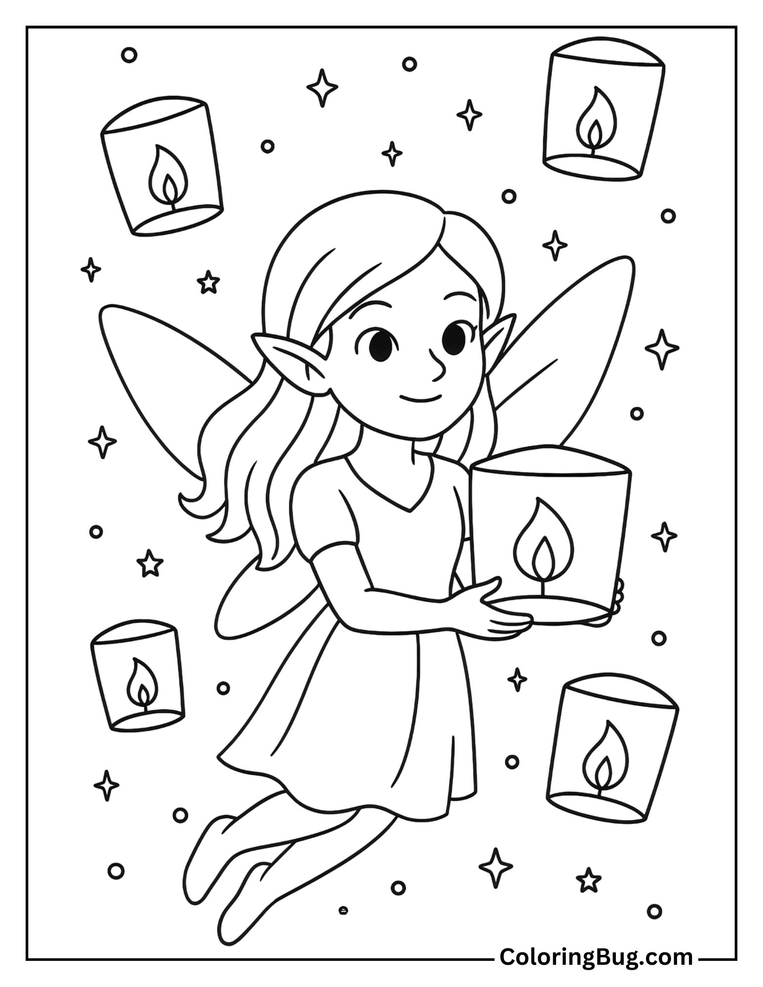Fairy with Glowing Lanterns Coloring Sheet