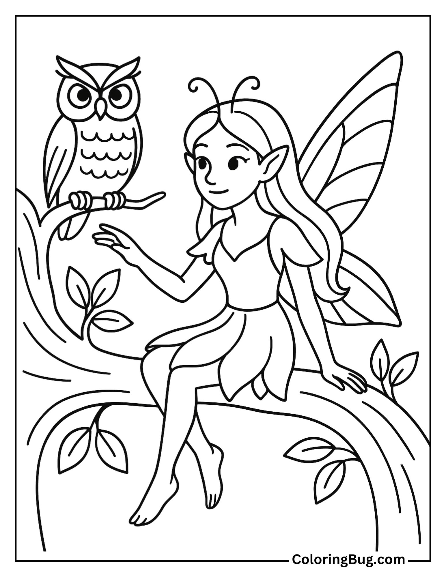 Fairy with a Wise Old Owl Coloring Sheet