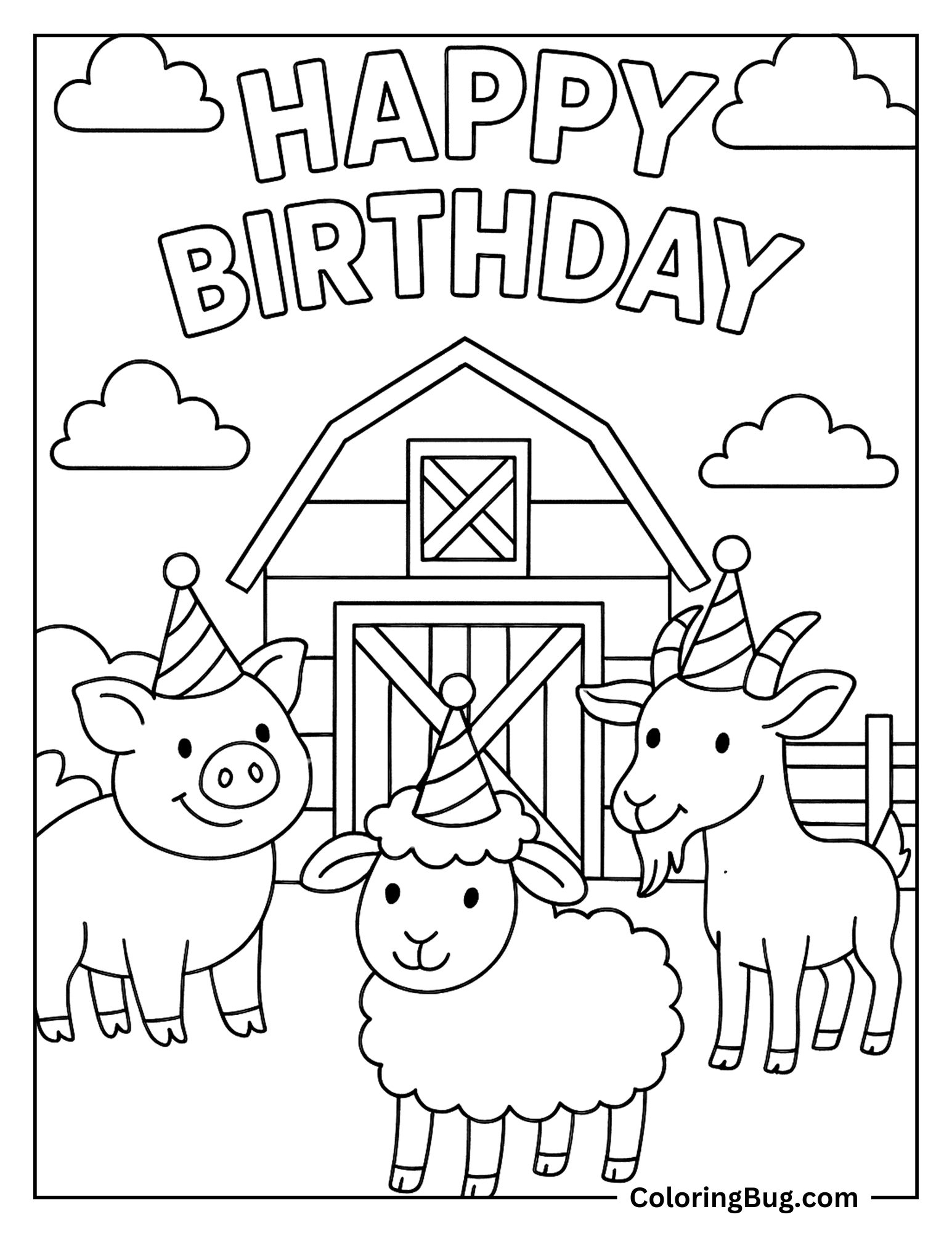 Farm Animals Celebrating Birthday Coloring Sheet