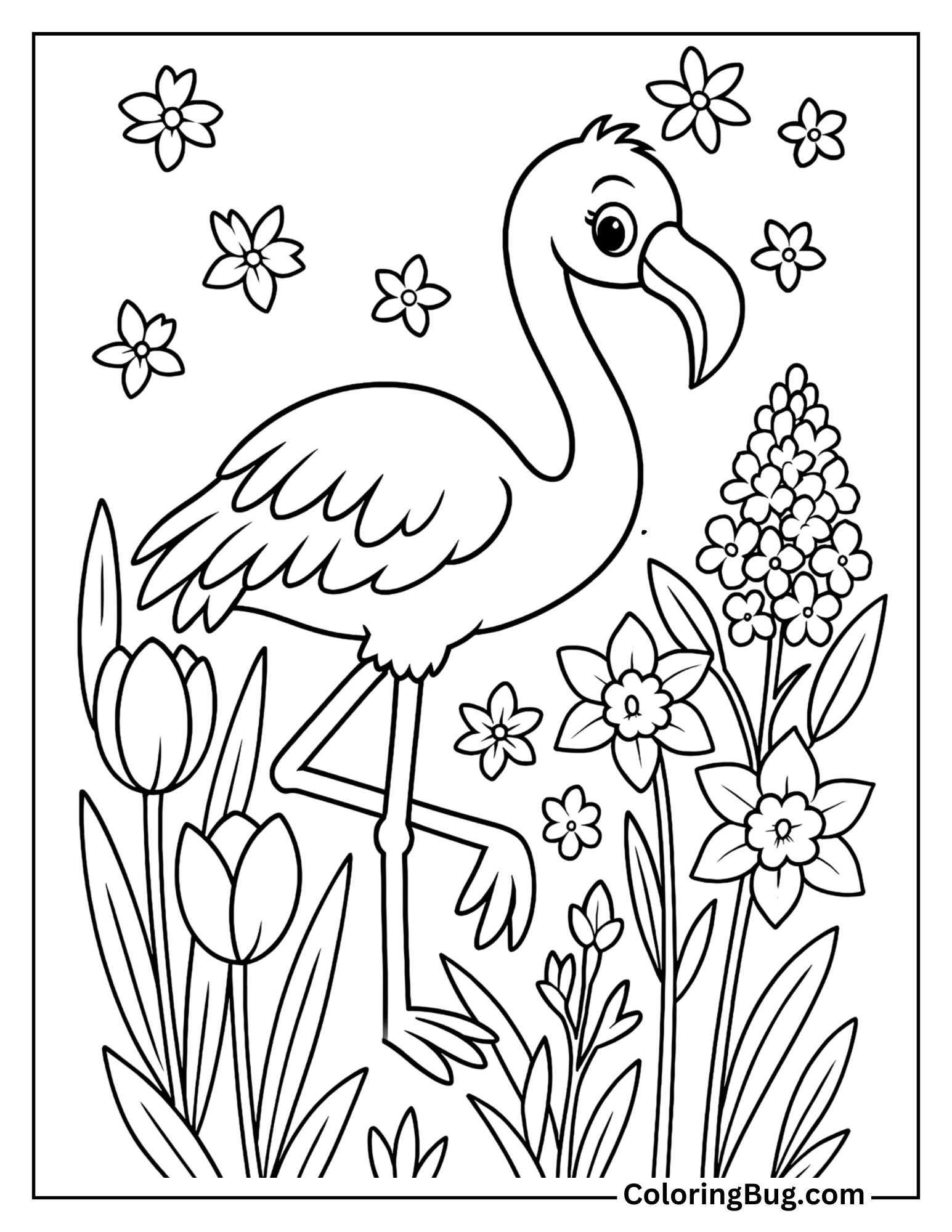 Flamingo Beside Blooming Spring Flowers Coloring Sheet