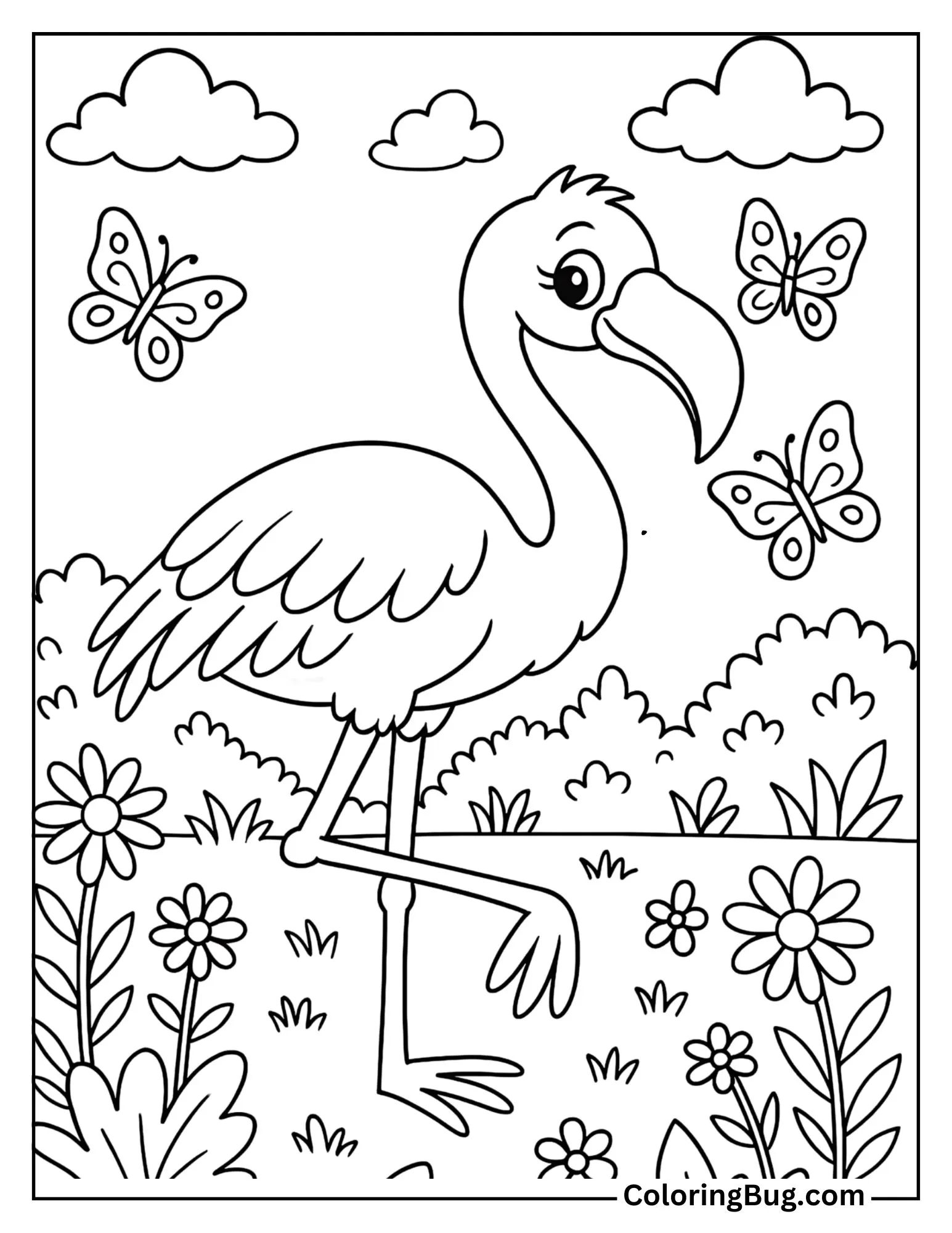 Flamingo Beside Blooming Spring Flowers Coloring Sheet