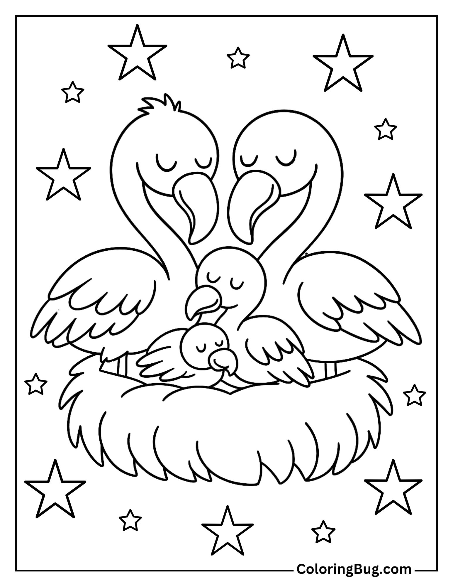 Flamingo Family Sleeping Together in a Nest Coloring Sheet