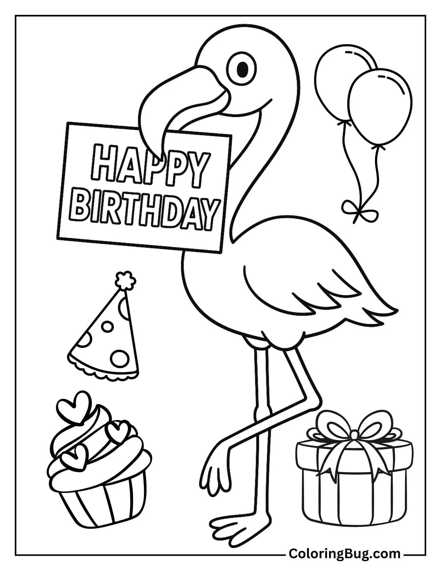 Flamingo Holding a “Happy Birthday” Sign Coloring Sheet