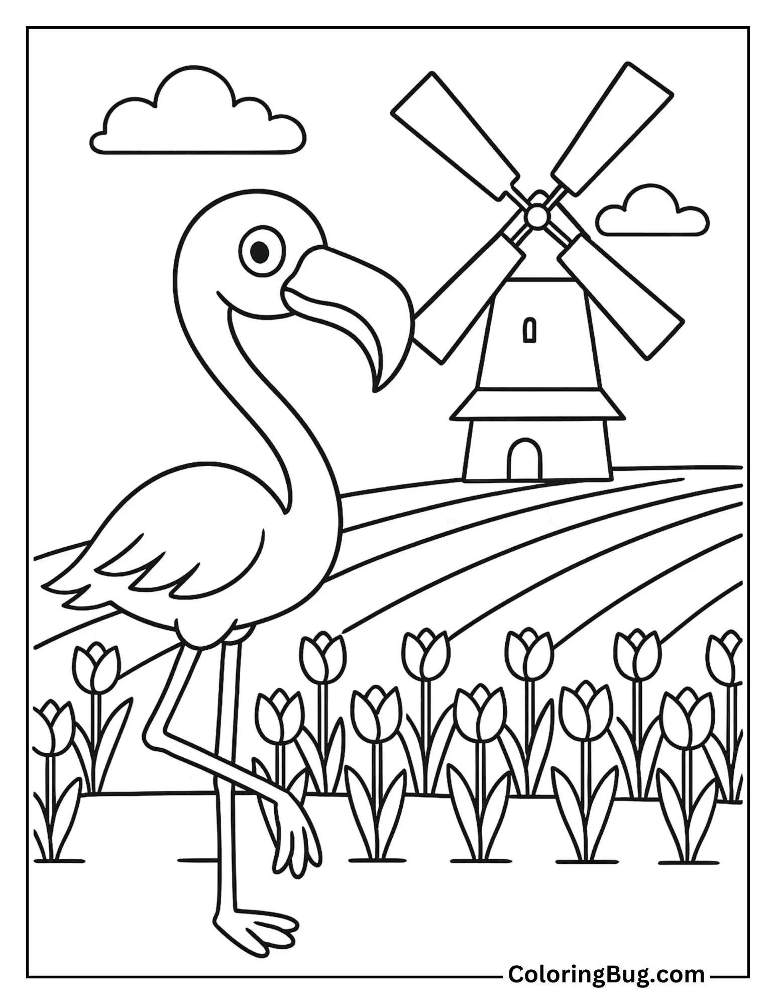 Flamingo Near a Windmill and Tulip Field Coloring Sheet