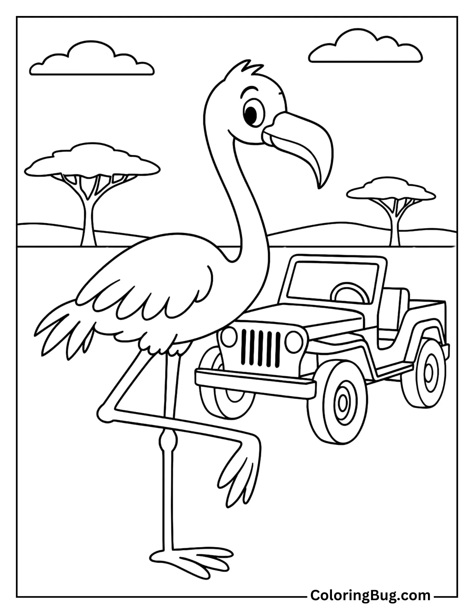 Flamingo Posing Beside a Jeep on Safari Coloring Sheet