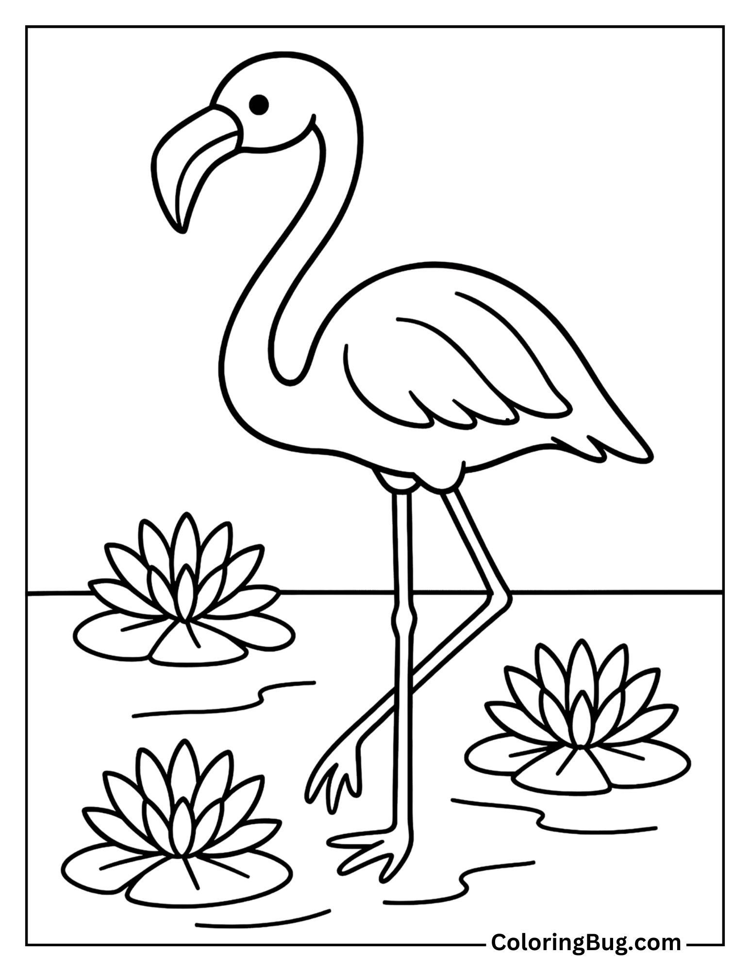 Flamingo Standing Beside Floating Lotus Flowers Coloring Sheet
