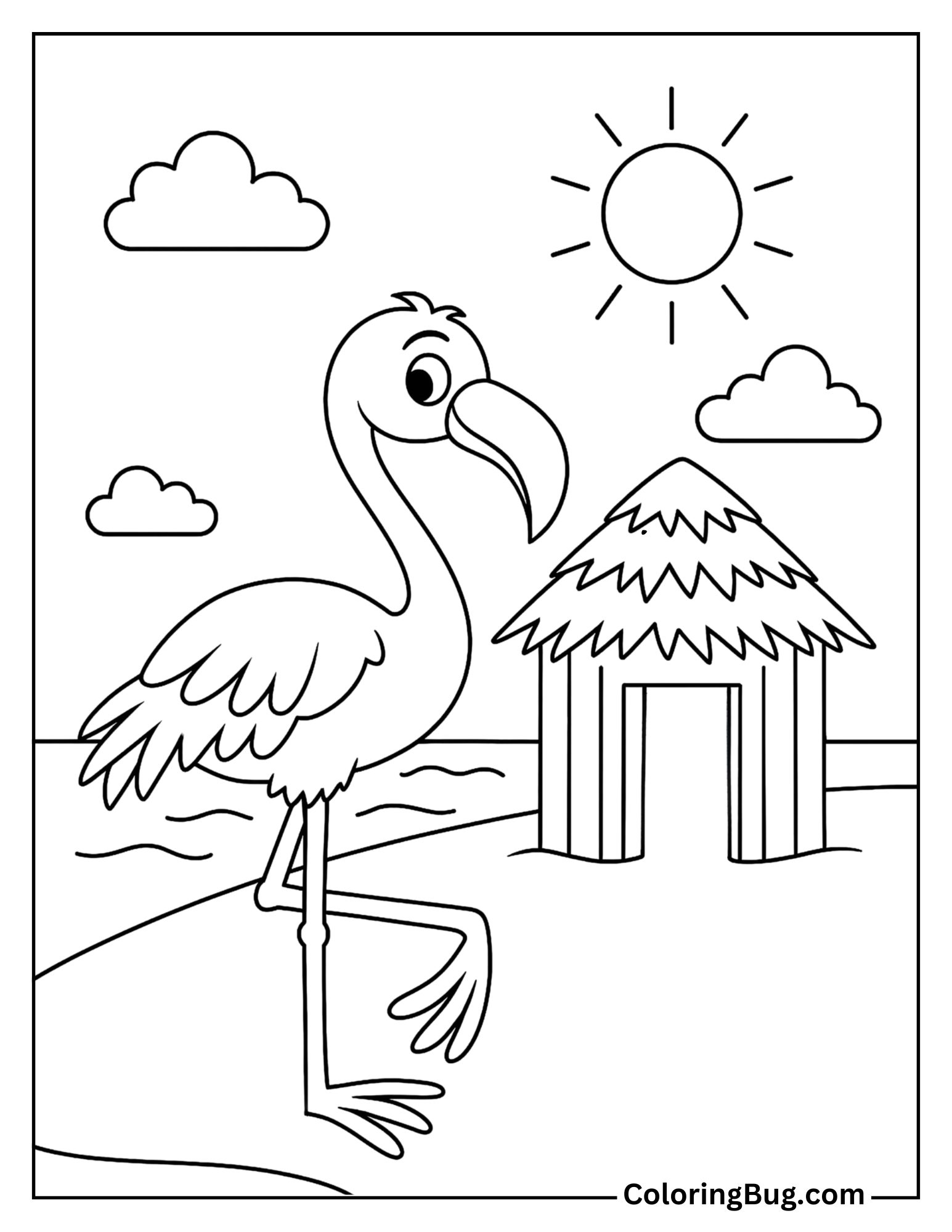 Flamingo Standing Beside a Tiki Hut on the Beach Coloring Sheet