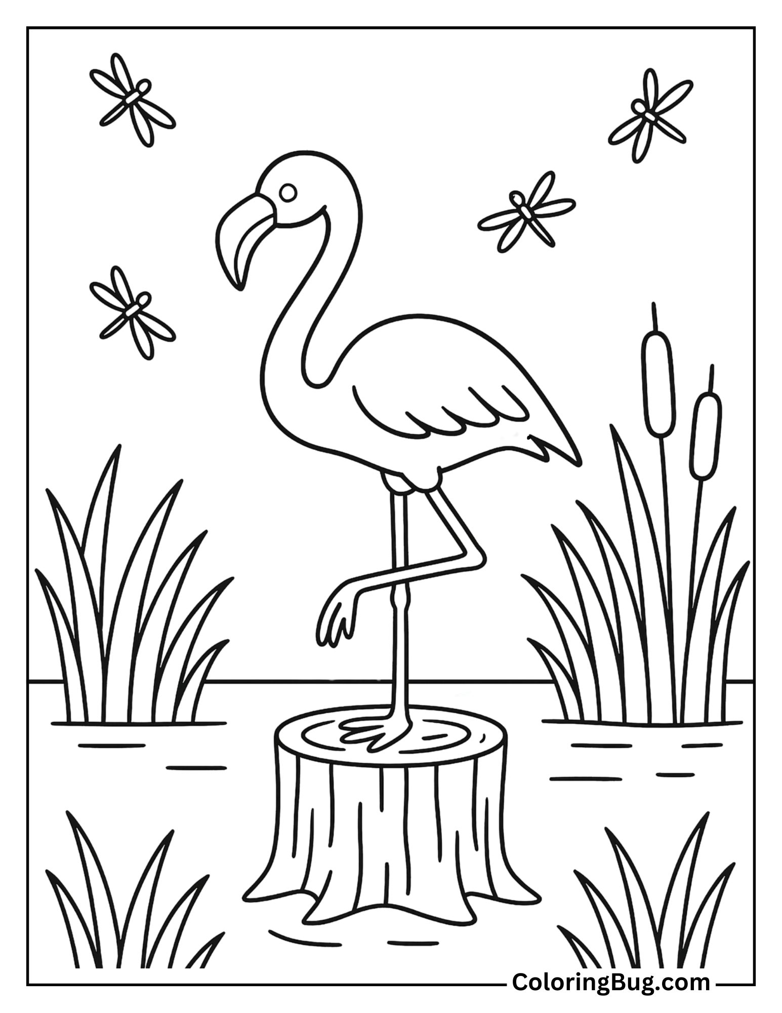 Flamingo Standing on a Tree Stump in a Wetland Coloring Sheet