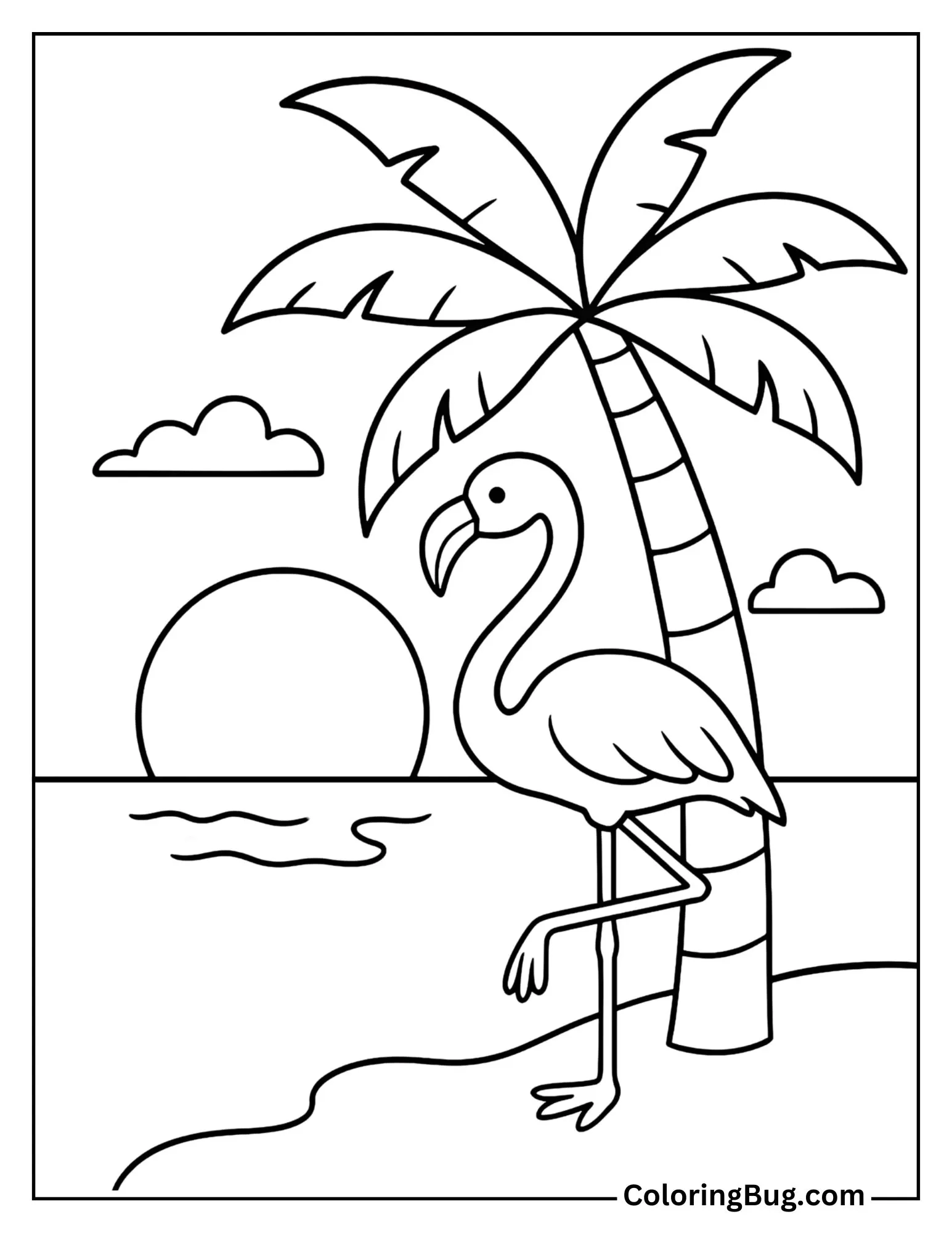 Flamingo Under a Palm Tree During Sunset Coloring Sheet