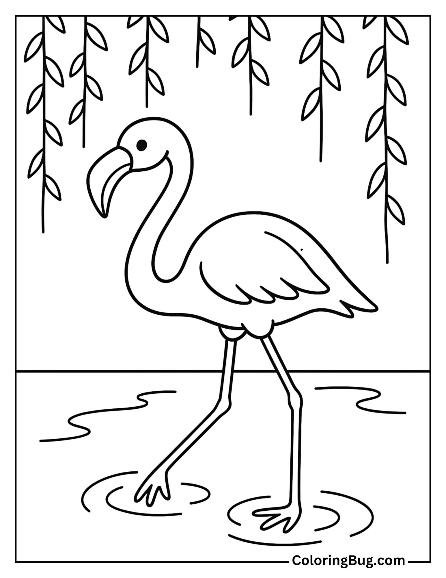 Flamingo Wading Near Hanging Vines in a Jungle Stream Coloring Sheet