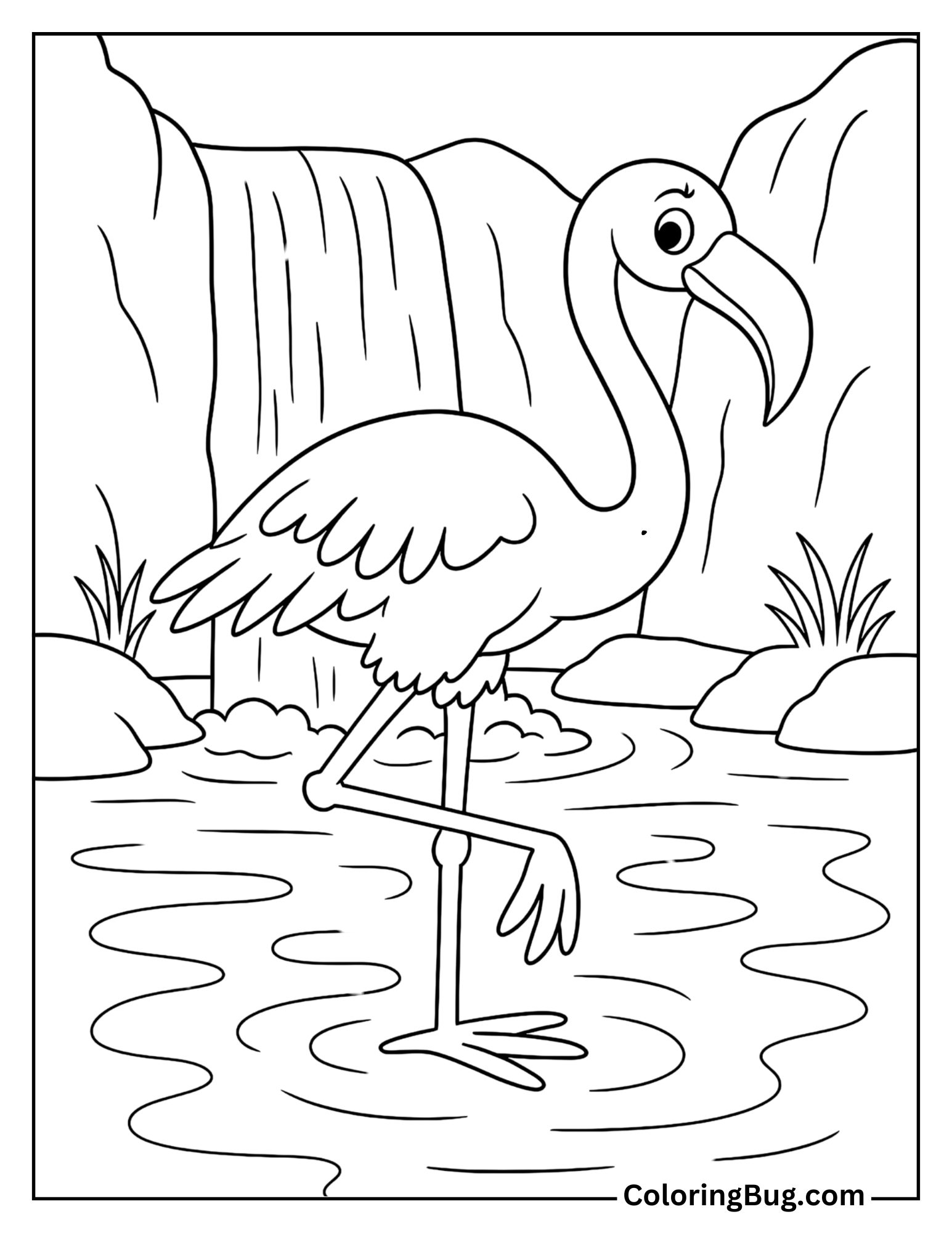Flamingo Wading Near a Cascading Waterfall Coloring Sheet