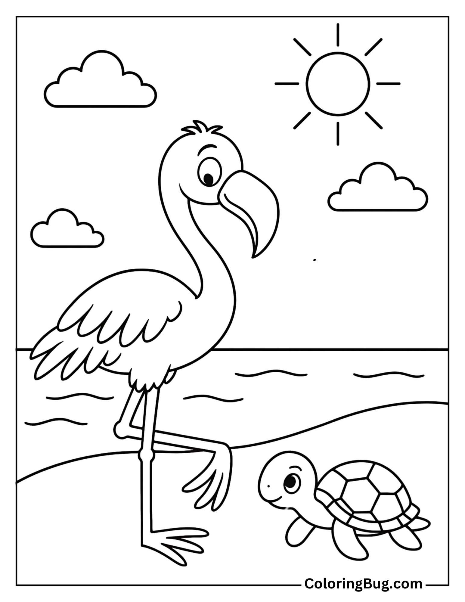 Flamingo Walking Beside a Baby Turtle Coloring Sheet