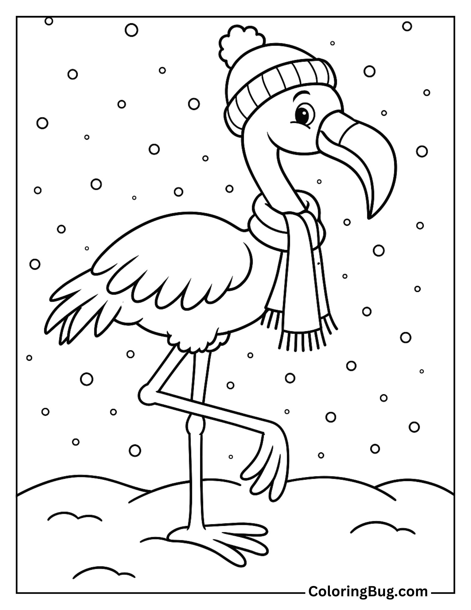 Flamingo Wearing a Scarf and Hat in the Snow Coloring Sheet