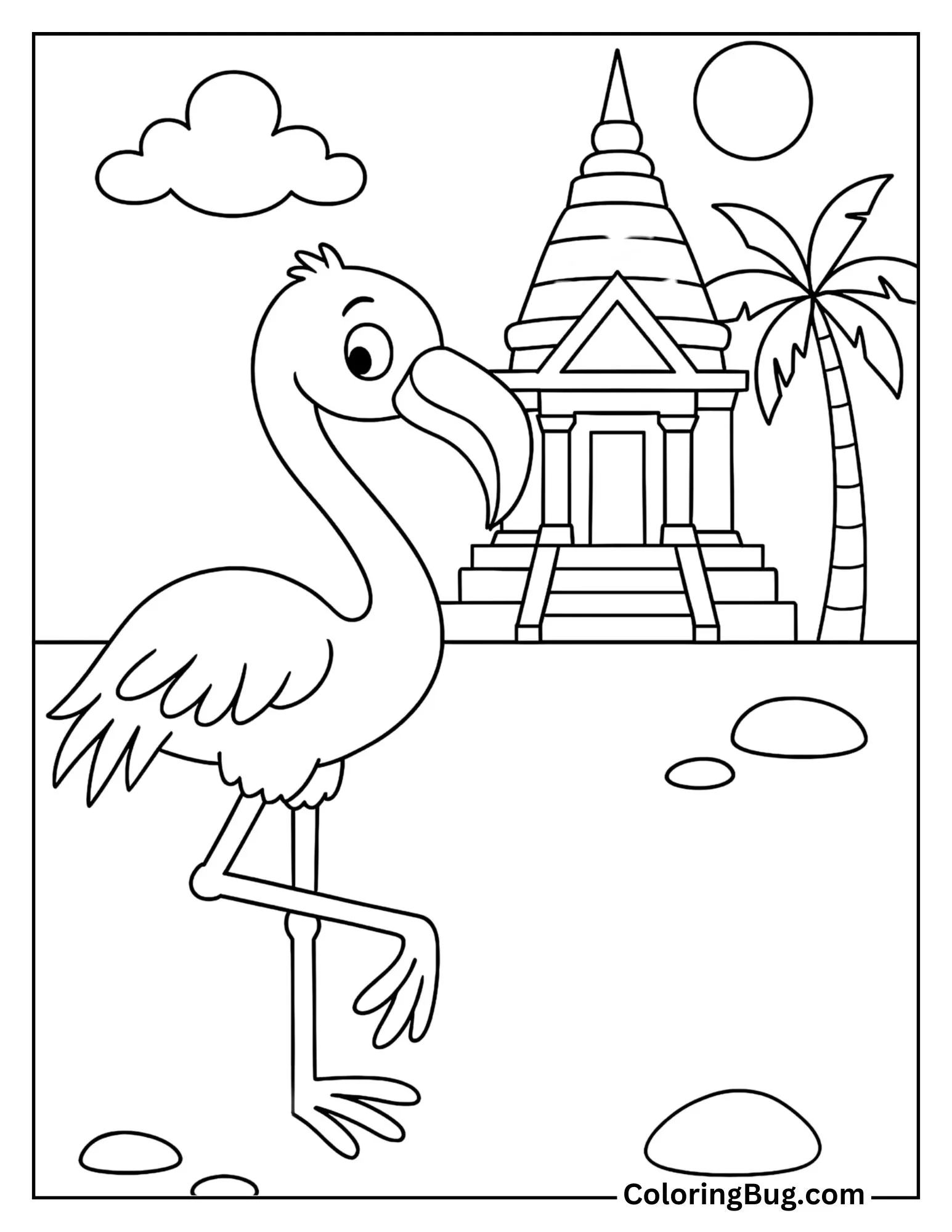 Flamingo in Front of a Tropical Temple Coloring Sheet