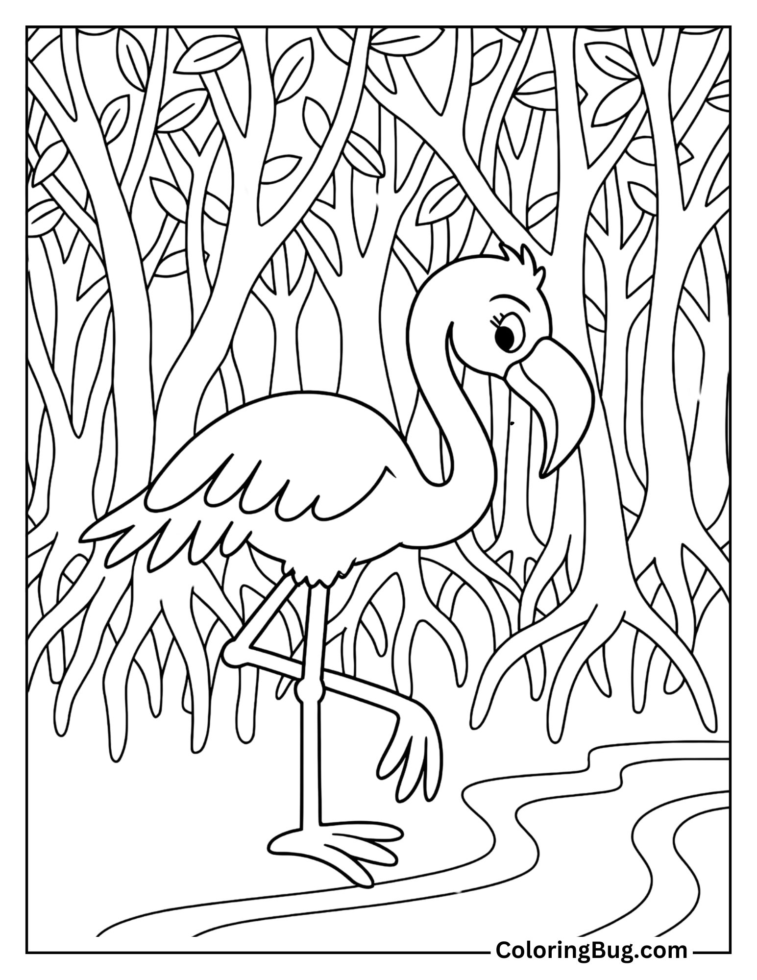 Flamingo in a Dense Mangrove Forest Coloring Sheet