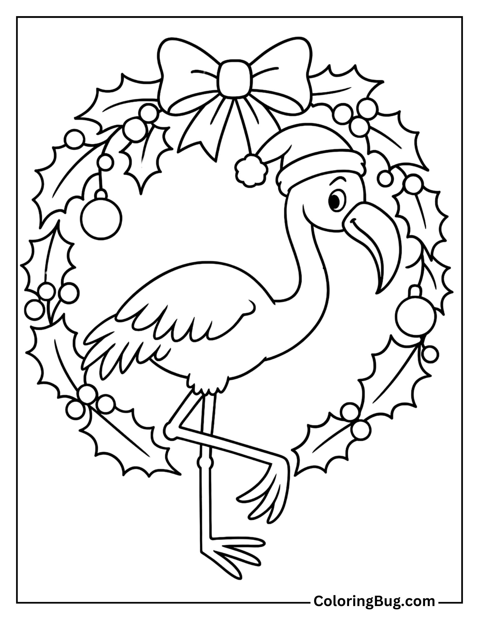 Flamingo in a Festive Christmas Wreath Coloring Sheet