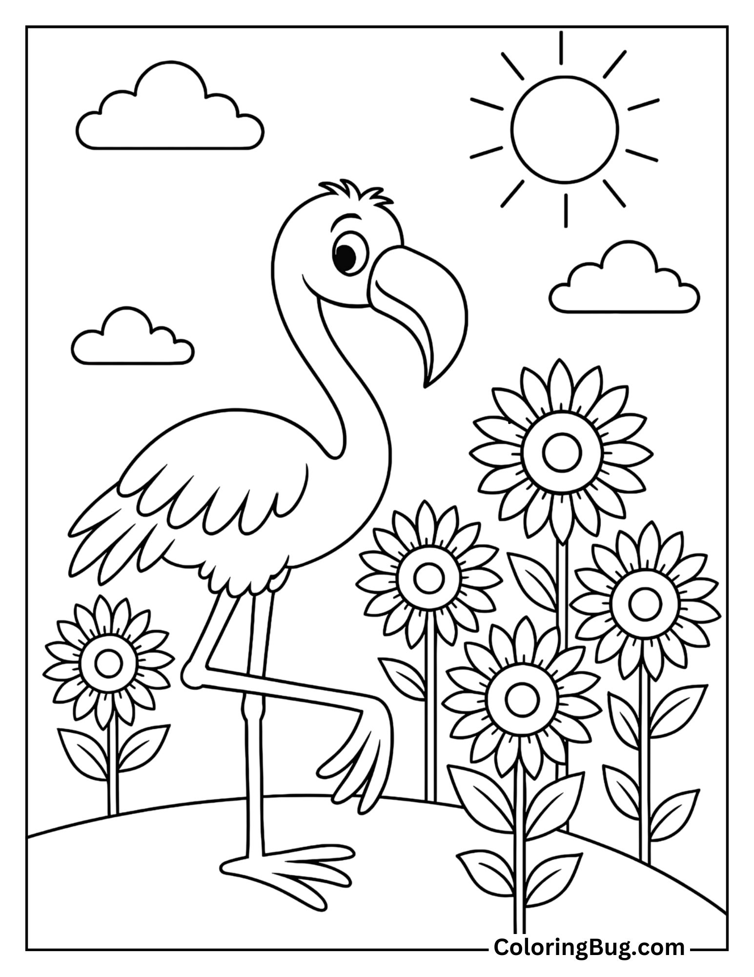 Flamingo in a Field of Sunflowers Coloring Sheet