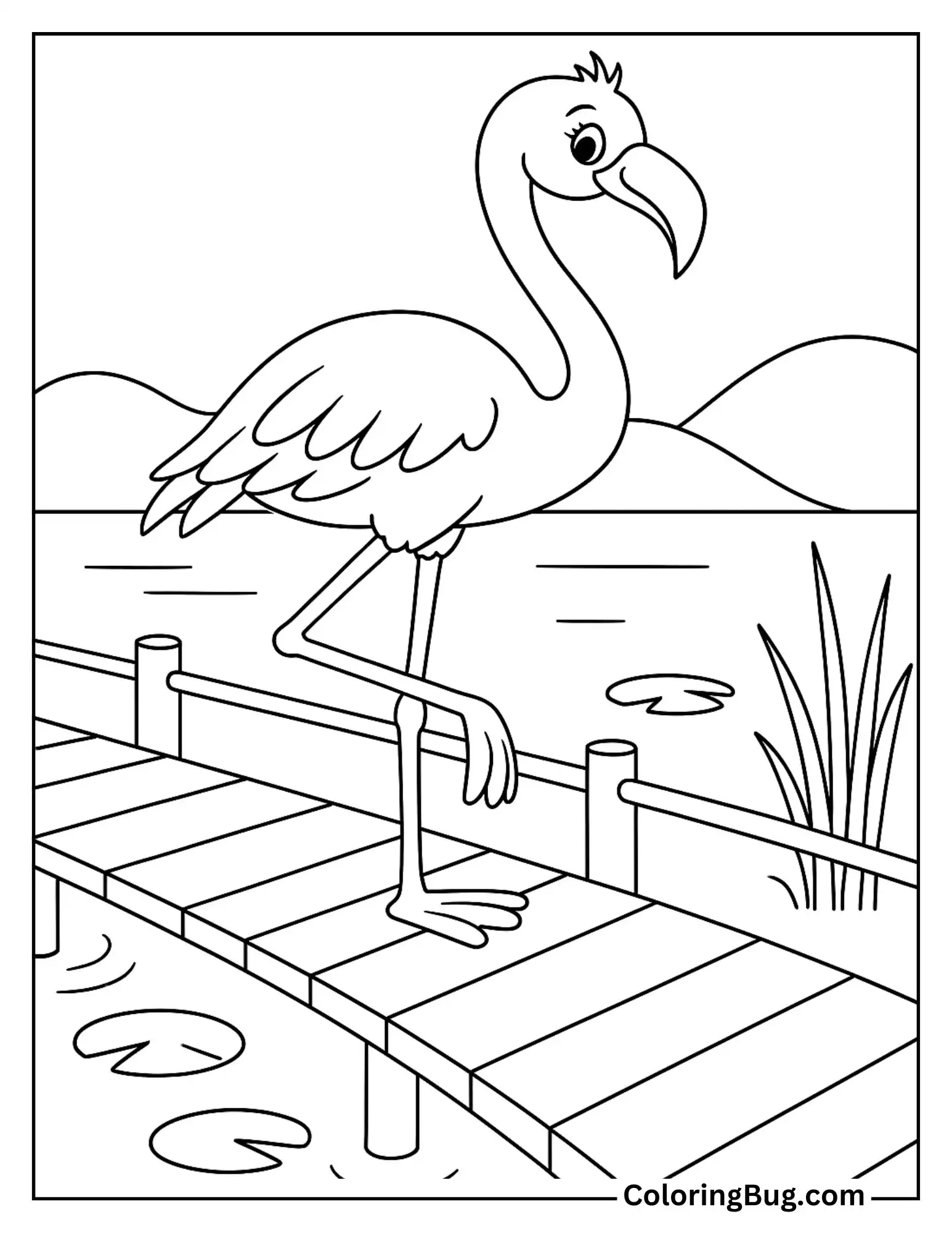 Flamingo on a Wooden Bridge Over Lake Coloring Sheet