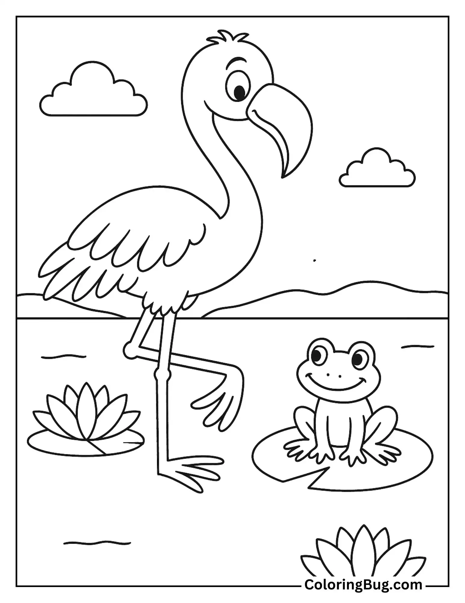 Flamingo with a Friendly Frog on a Lily Pad Coloring Sheet