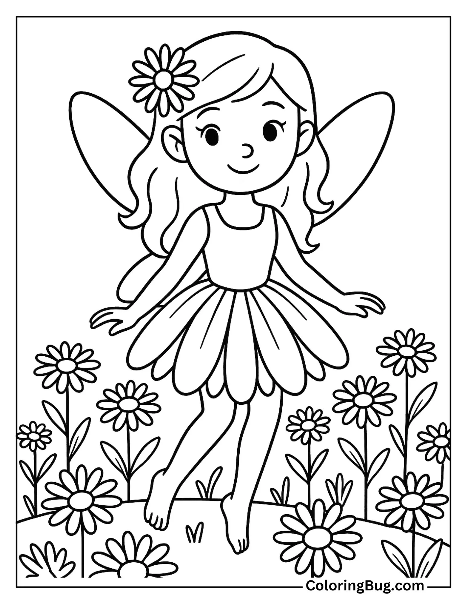 Flower Fairy in the Field of Daisy Coloring Sheet
