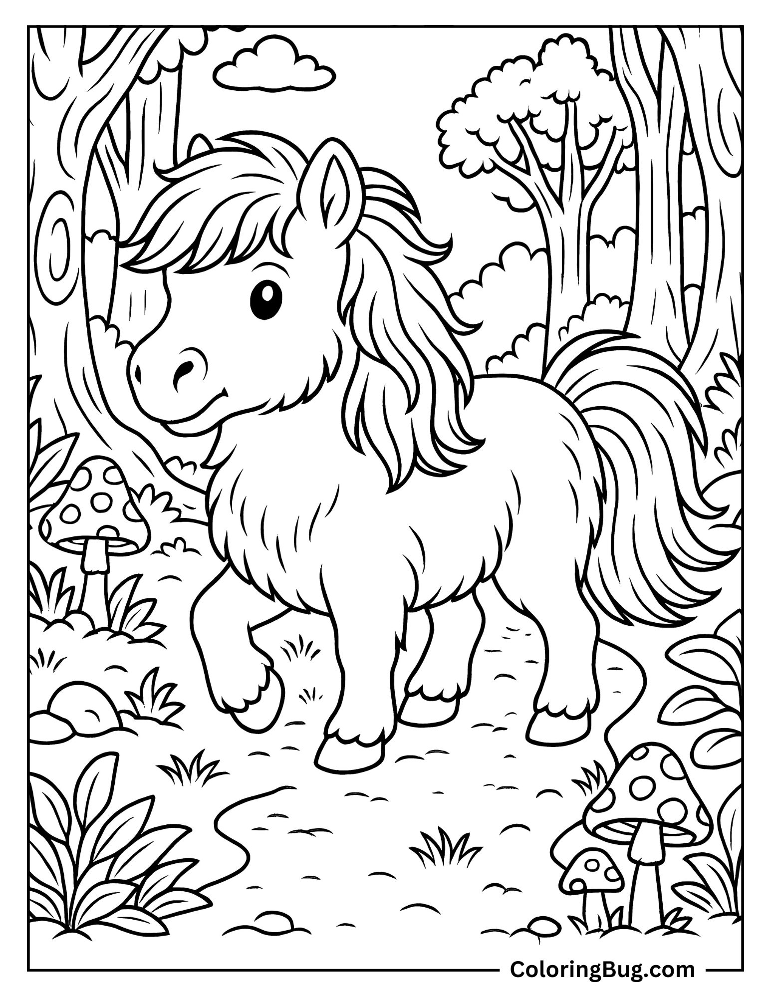 Fluffy Miniature Horse Walking Through Enchanted Forest Coloring Sheet